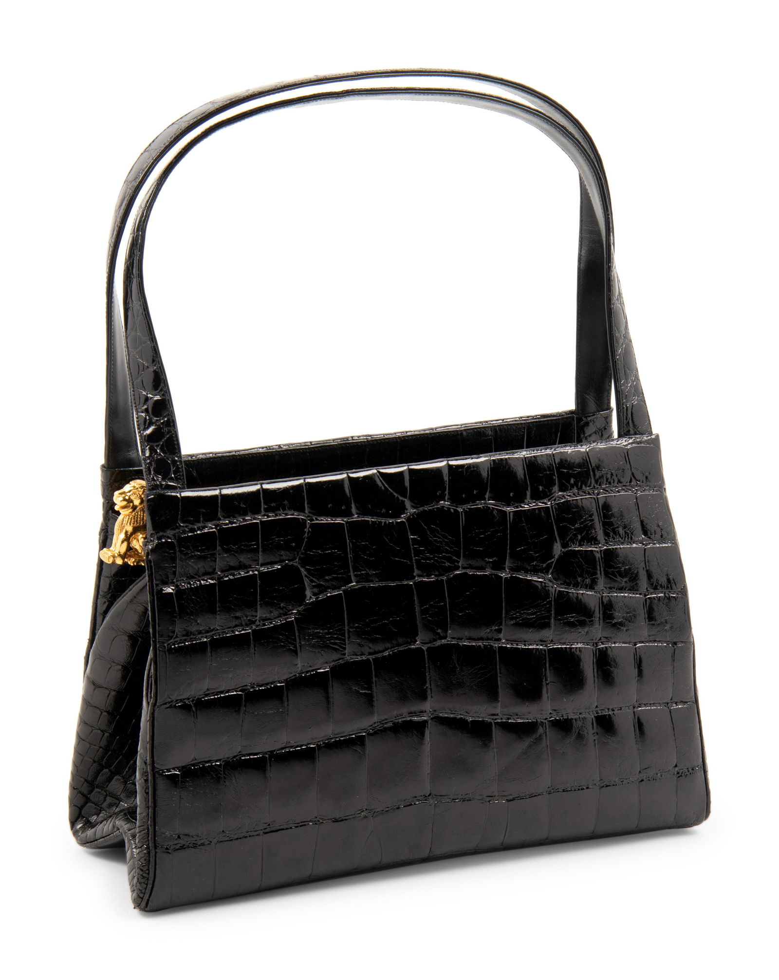 Judith Leiber Black Crocodile Handbag with Lion Release: Judith Leiber Black Crocodile Handbag with Lion Release Clip† Black crocodile frame handbag† lined in black satin with gold-tone hardware and lion figure release clasp; paired with mirror and coin