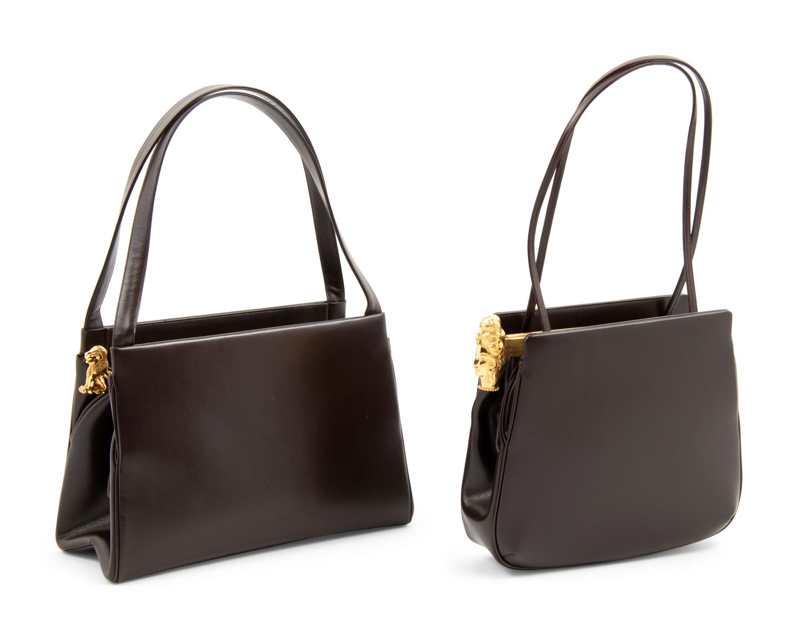 Two Judith Leiber Leather Handbags: Two Judith Leiber Leather Handbags This lot includes two bags. THE FIRST Dark brown leather frame bag with gold-tone lion figure clasp and lined in dark brown fabric.† Label: Judith Leiber Appro