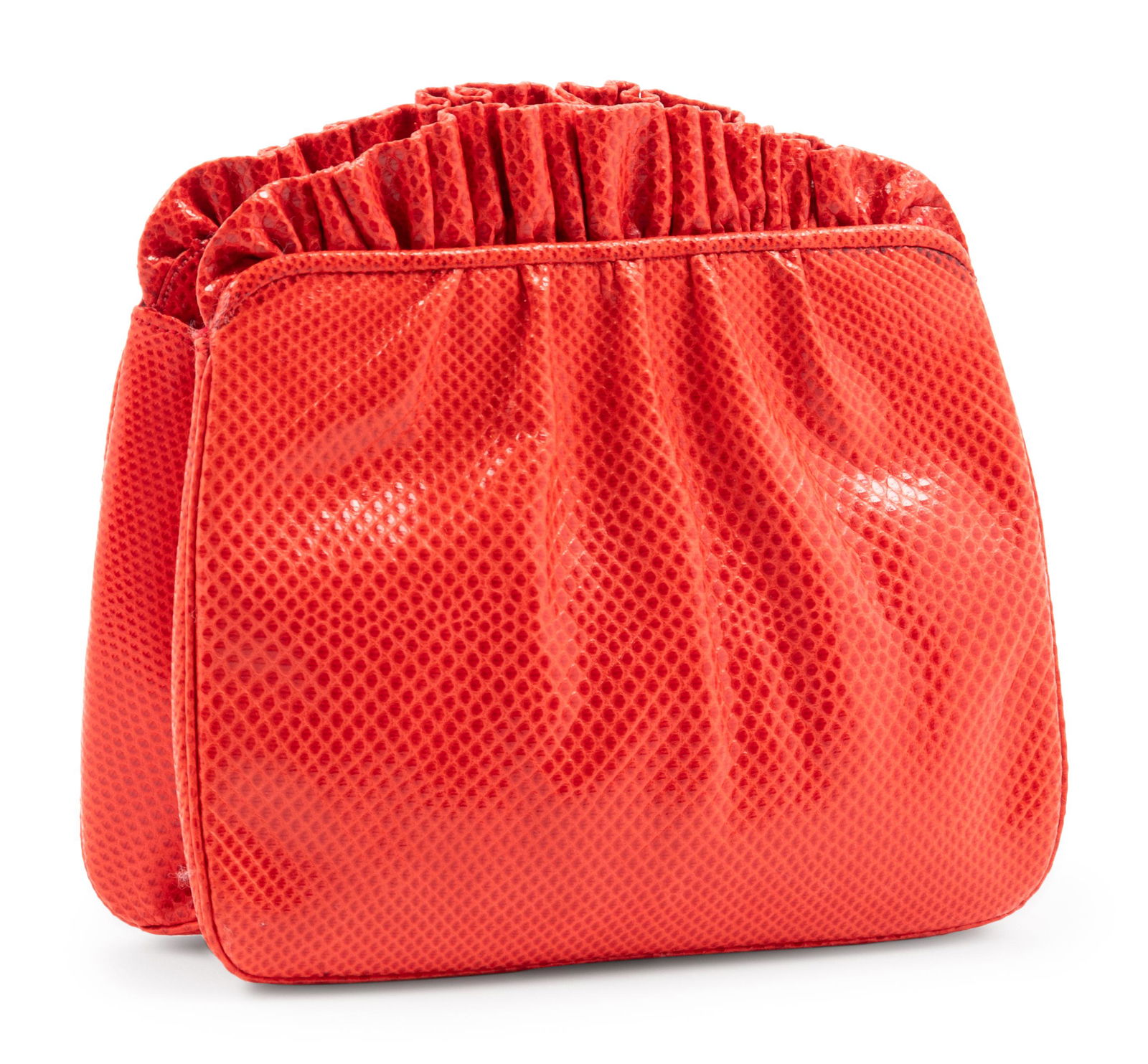 Judith Leiber Red Karung Snakeskin Bag: Judith Leiber Red Karung Snakeskin Bag Red Karung gathered frame bag with ruched frill at opening, and gold-tone hardware with rhinestone acorn snap closure and removable chain shoulder strap, and lin