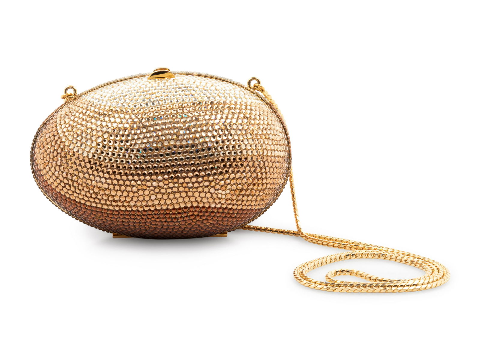 Judith Leiber Brown Layered Egg Minaudiere: Judith Leiber Brown Layered Egg Minaudiere Multi-toned brown layered rhinestone egg minaudiere set in gold-tone hardware, top pressure clasp closure, chain shoulder strap, and lined in gold leather; p