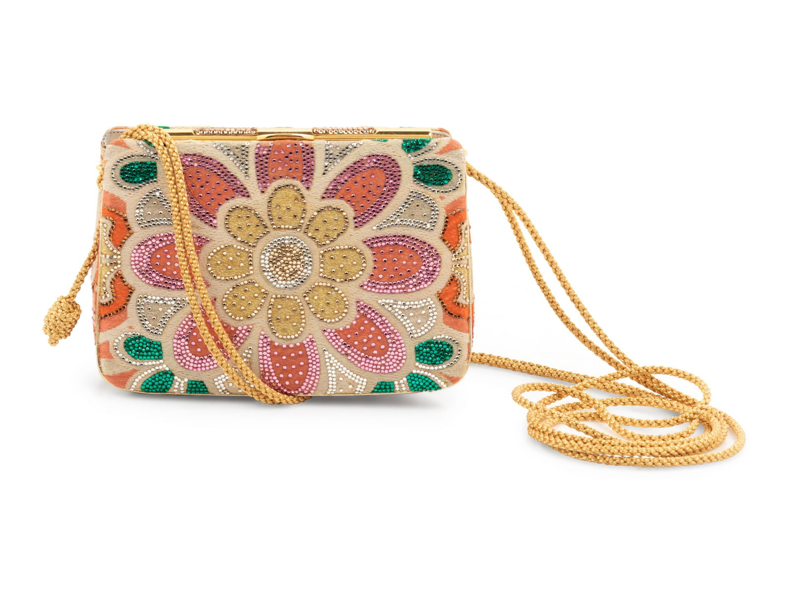Judith Leiber Floral Tapestry and Rhinestone Frame: Judith Leiber Floral Tapestry and Rhinestone Frame Bag† Gold-tone frame bag covered in white tapestry with multi-hued floral design, embellished in multi-hued rhinestones, braided rope shoulder