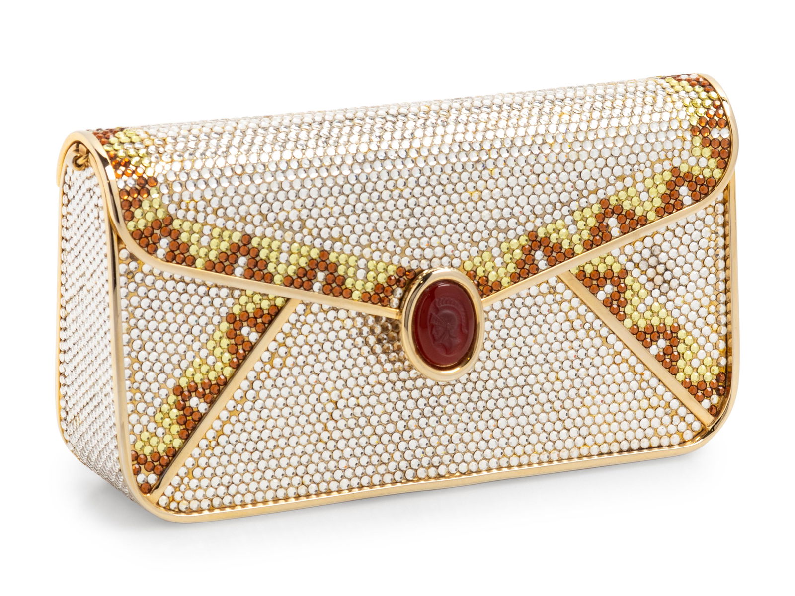 Judith Leiber Envelope Minaudiere: Judith Leiber Envelope Minaudiere Silver rhinestone on gold-tone frame envelope shaped minaudiere with brown and yellow triangular trim and Roman centurion cameo on clasp, and gold-tone metal chain sh