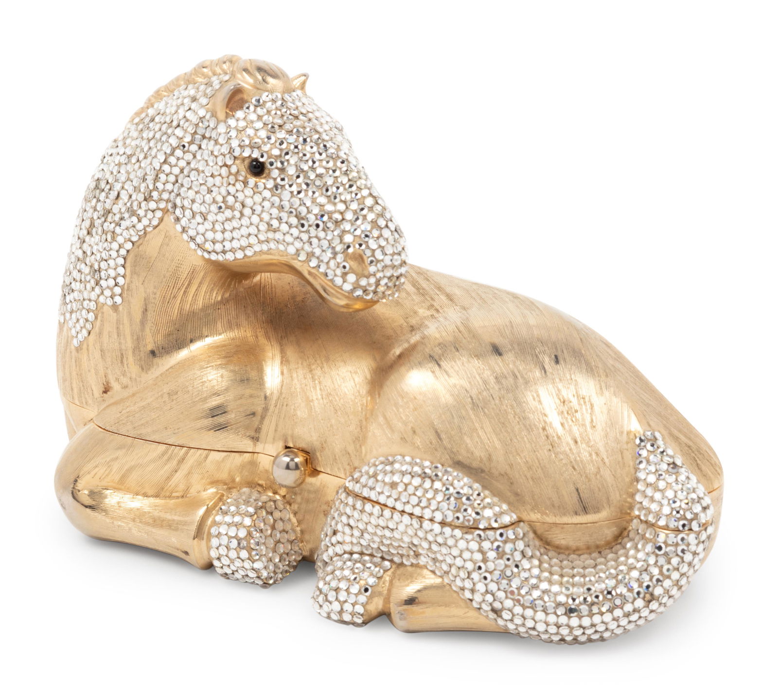 Judith Leiber Horse Minaudiere: Judith Leiber Horse Minaudiere Gold-tone Florentined hand engraved horse minaudiere with partial covering of silver rhinestones; paired with two tasseled combs and two mirrors. Comes with a dust bag.