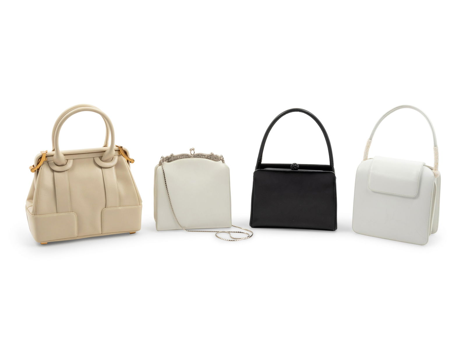 Four Judith Leiber Mini Bags: Four Judith Leiber Mini Bags This lot includes four handbags.† THE FIRST Ivory leather doctor bag with gold-tone hardware, side hinge closures, and peg feet, and lined in ivory fabric; paired wi