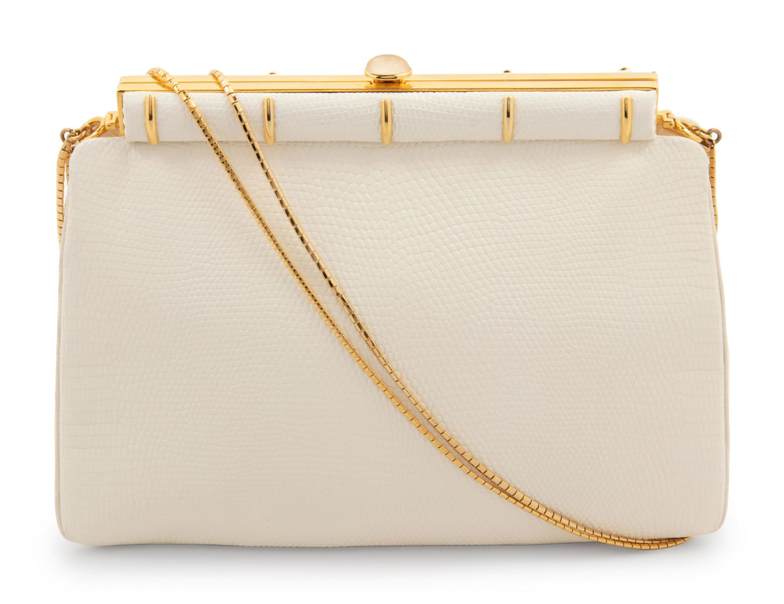 Judith Leiber White Lizard Shoulder Bag: Judith Leiber White Lizard Shoulder Bag White lizard frame bag with gold-tone hardware and chain strap, lined in golden yellow faille, and has a matching removable white shoulder strap; paired with ta