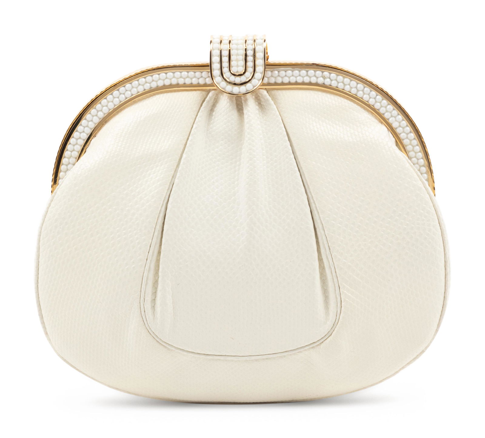 Judith Leiber White Karung Shirred Bag with White: Judith Leiber White Karung Shirred Bag with White Rhinestones† White karung snake shirred gold-tone frame bag with white faceted rhinestones; paired with tasseled comb, mirror, and coin purse. C