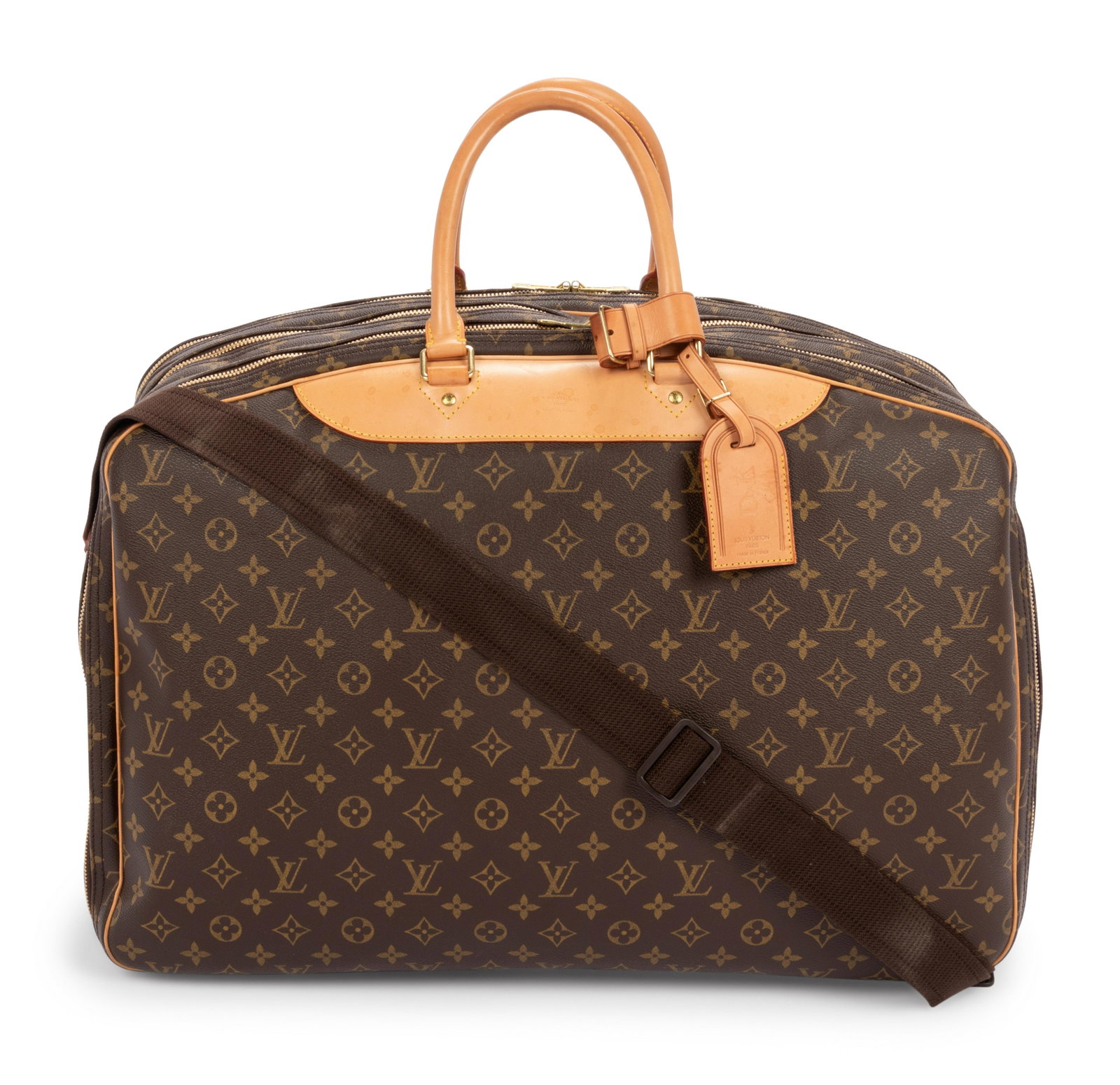 Louis Vuitton Alize Travel Bag Luggage, 1980-1990s: Louis Vuitton Alize Travel Bag Luggage, 1980-1990s Brown coated canvas travel bag with tan monogram pattern, gold-tone hardware, hanging luggage tag, rolled vachetta leather handles and trim, a detach
