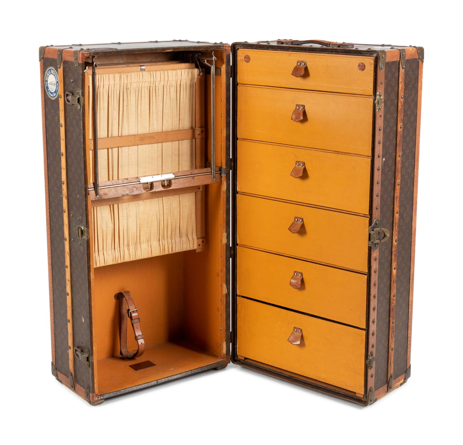 Louis Vuitton Wardrobe Steamer Trunk, Early 20th: Louis Vuitton Wardrobe Steamer Trunk, Early 20th Century Wardrobe trunk covered in monogram canvas with natural Lozine leather trim and† handles, and brass hardware with front lock and key. The 