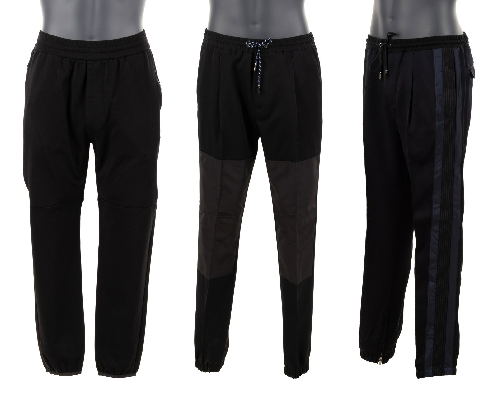 Collection of Contemporary Menswear: Thom Browne, Dior: Collection of Contemporary Menswear: Thom Browne, Dior and Prada, 2015-20 BNY 1, 2, 15 This lot includes four men's designer pieces; three pairs of athletic pants, one jacket.† THE FIRST Black w