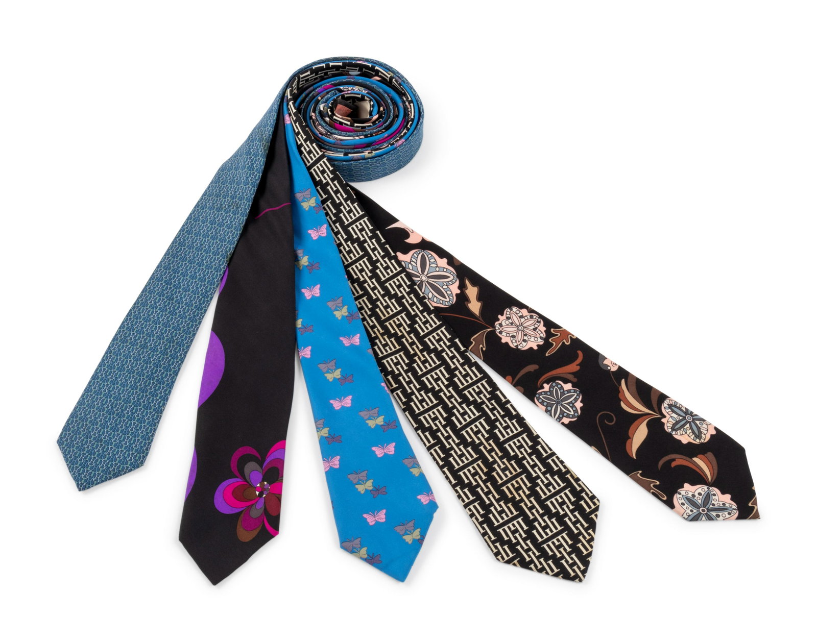 Collection of Five Ties; Two Pucci, Three Hermes: Collection of Five Ties; Two Pucci, Three Hermes This lot includes five men's ties.† THE FIRST Black silk tie with multi-toned purple and brown stylized floral print. † Label: Emilio Pucci