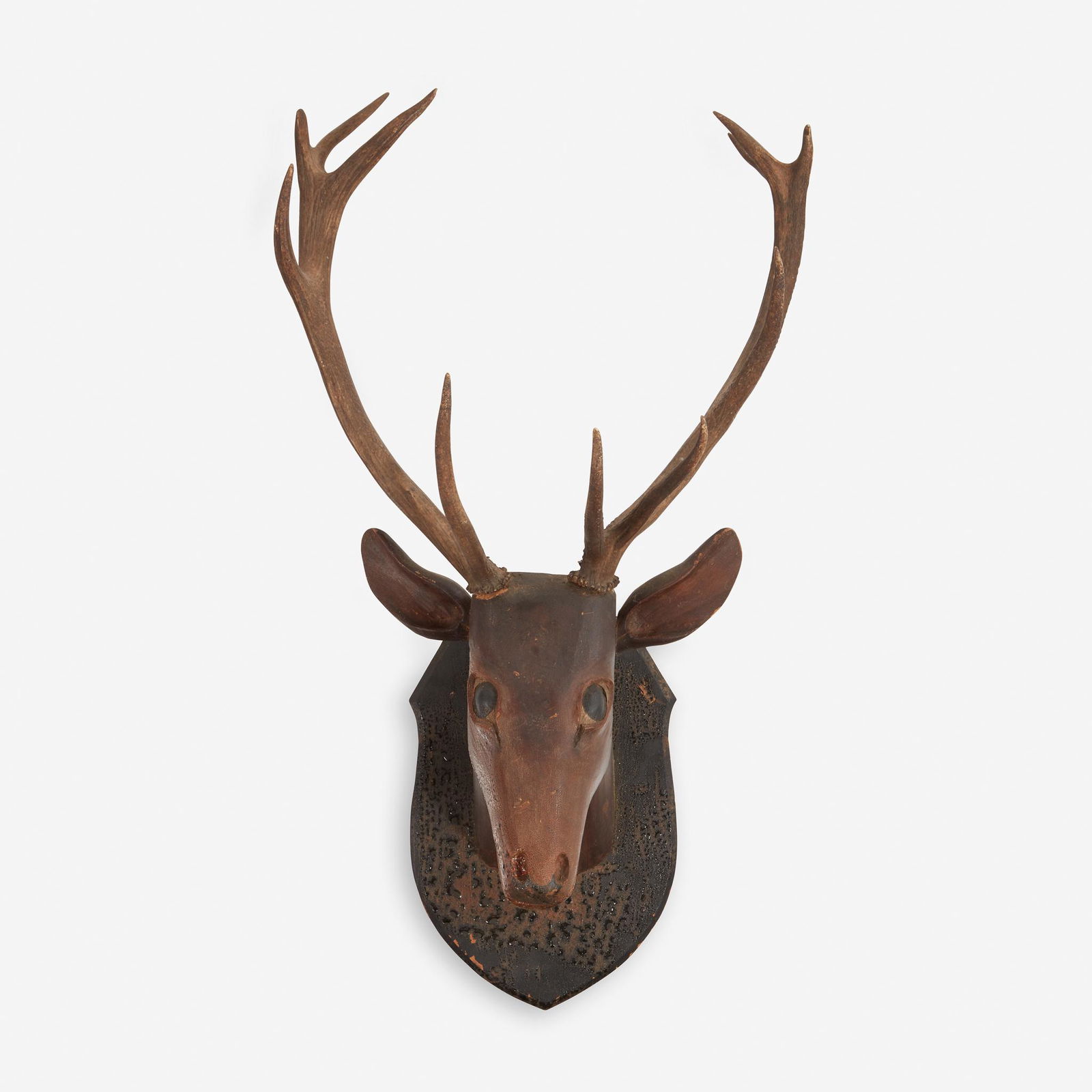 Two carved and painted wood deer heads mounted with (1 of 2)