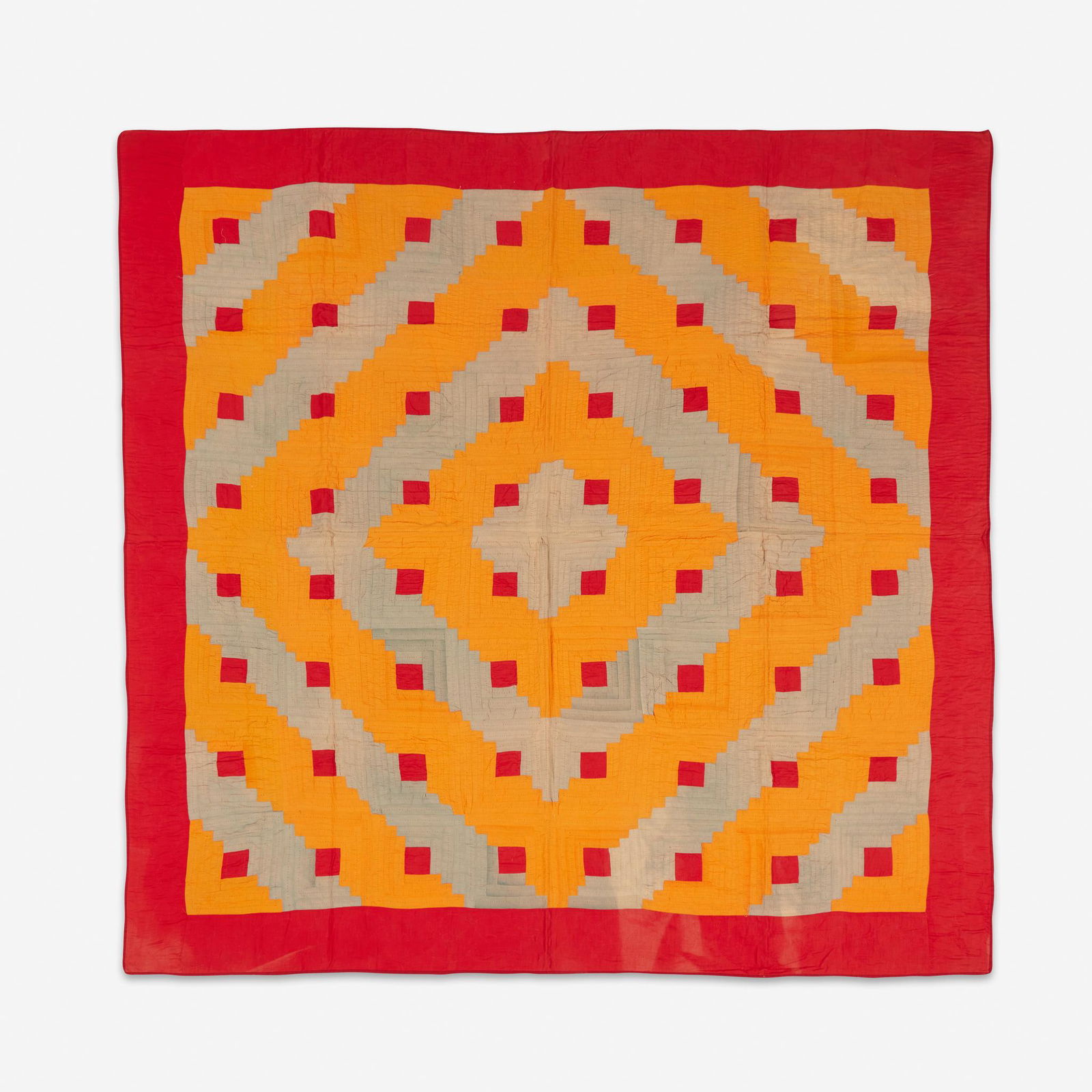 Amish "Log House" variation pieced cotton quilt, early: Amish "Log House" variation pieced cotton quilt early 20th century Worked with solid color pieces and heightened with cable, square quilting.74 in. x 74 in.PROVENANCE:The Collection of a Connecticut G