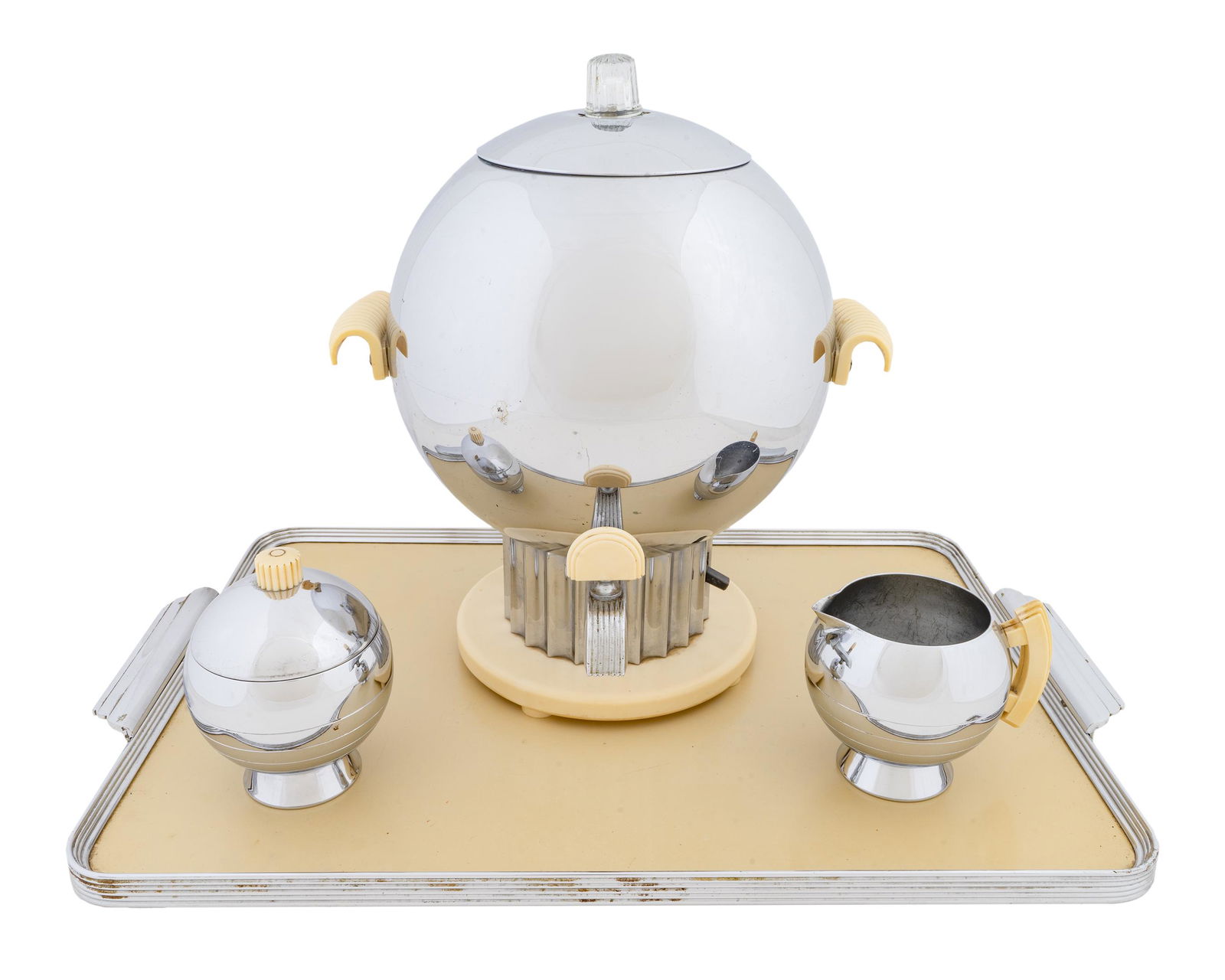 A Chase Modernist Chrome and Bakelite Coronet Coffee: A Chase Modernist Chrome and Bakelite Coronet Coffee Urn Service DESIGNED BY WALTER VON NESSEN, CIRCA 1940 Comprising the Coronet coffee urn, model 17088, the Kent sugar and creamer, model 17089 and t