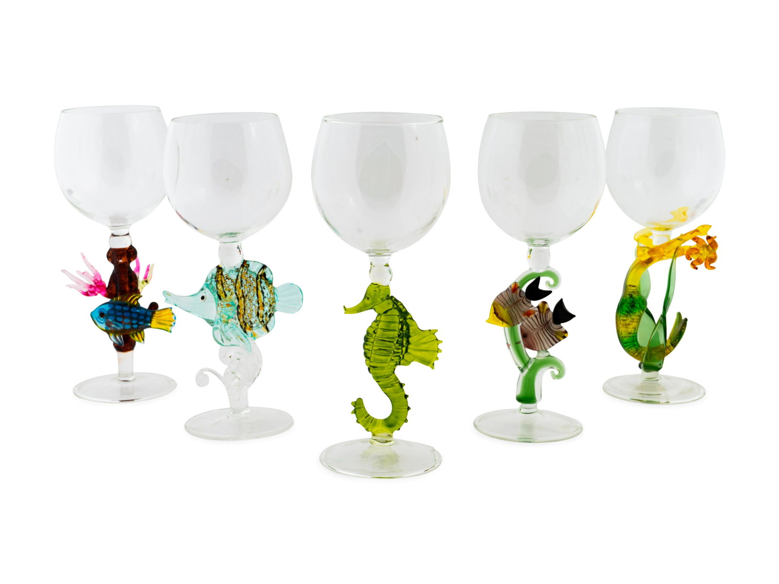 Twenty-eight Blown Clear and Colored Glass Figural Wine: Twenty-eight Blown Clear and Colored Glass Figural Wine Glasses 20TH CENTURY 25 with sea creatures, 1 sail boat, 1 American eagle and 1 skiing Santa Claus. Height 8 1/2 inches.
