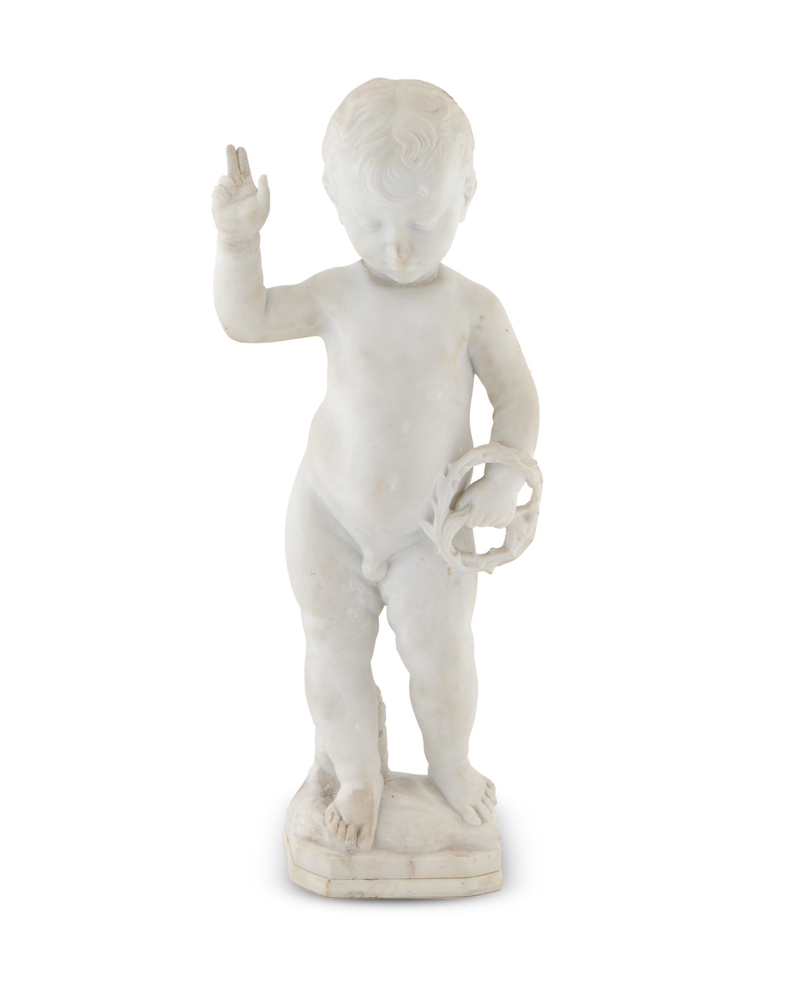 An Italian Marble Figure of the Infant Christ: An Italian Marble Figure of the Infant Christ Height 23 1/4 x width 11 1/4 x depth 4 3/4 inches. Property from the Collection of Harry Peterson, Lantana, Florida