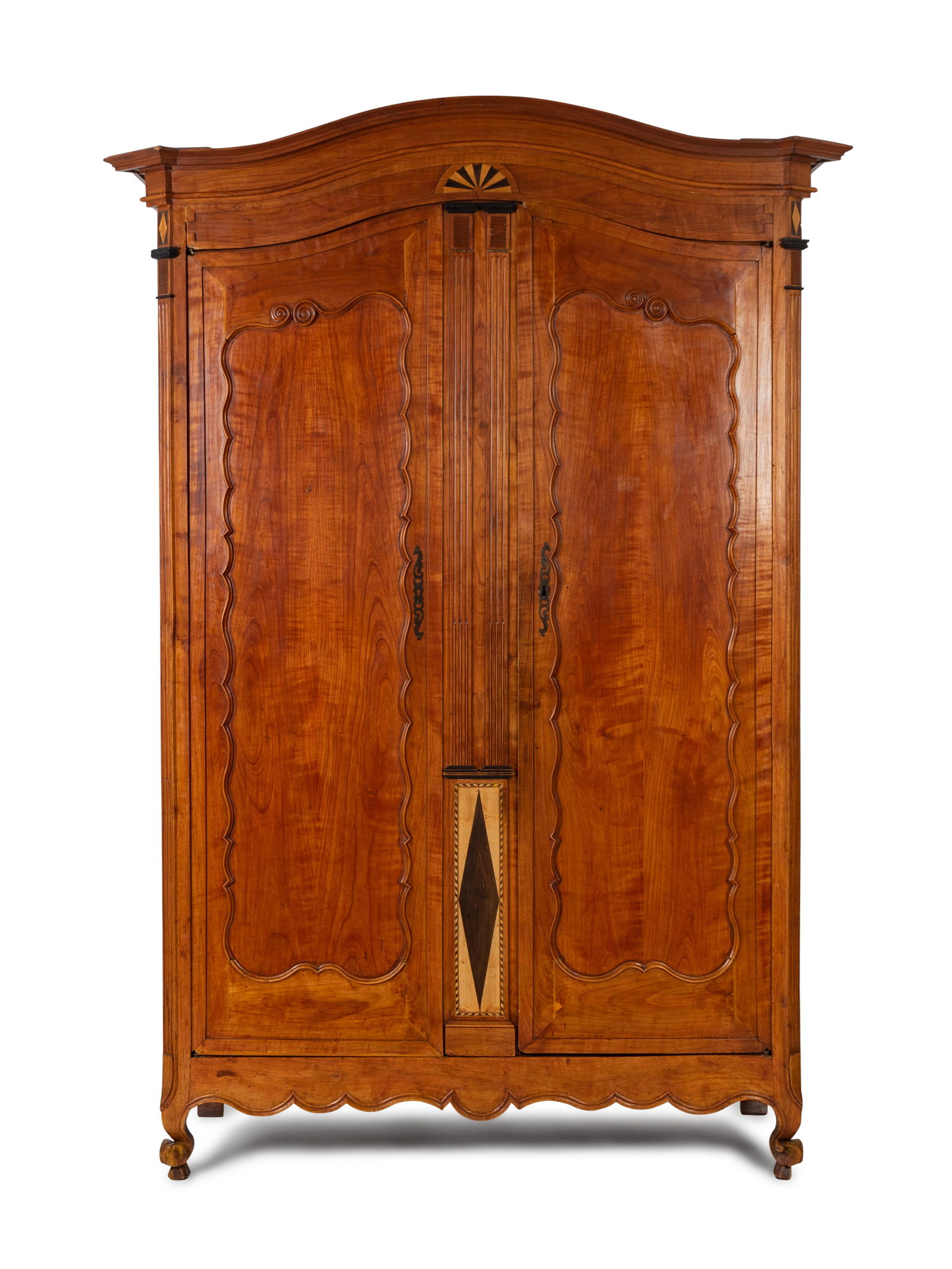 A Continental Parquety Inlaid and Carved Fruitwood: A Continental Parquety Inlaid and Carved Fruitwood Armoire 19TH CENTURY Height 110 x width 55 1/2 x depth 16 inches. Property from a Miami Beach Collection