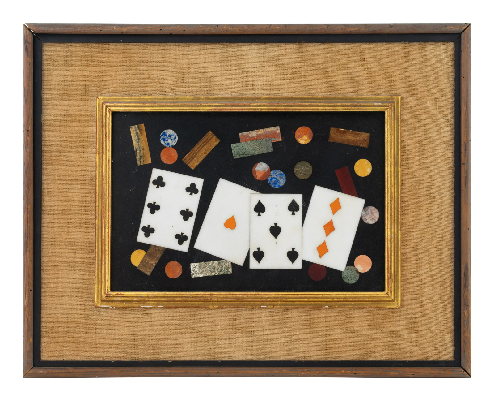 An Italian Pietra Dura Panel Dimensions of panel 8 1/2: An Italian Pietra Dura Panel CIRCA 1900 Inlaid with a variety of marbles with playing cards, circles and rectangles. Dimensions of panel 8 1/2 x 13 inches.
