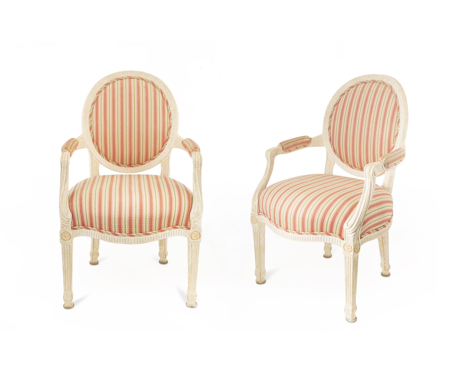 A Pair of Louis XVI Style White- Painted Fauteuils en: A Pair of Louis XVI Style White- Painted Fauteuils en Cabriolet 20TH CENTURY Height 39 x width 24 x depth 20 inches. Property from the Estate of Rawleigh & Mary Ann Warner, Hobe Sound, Florida