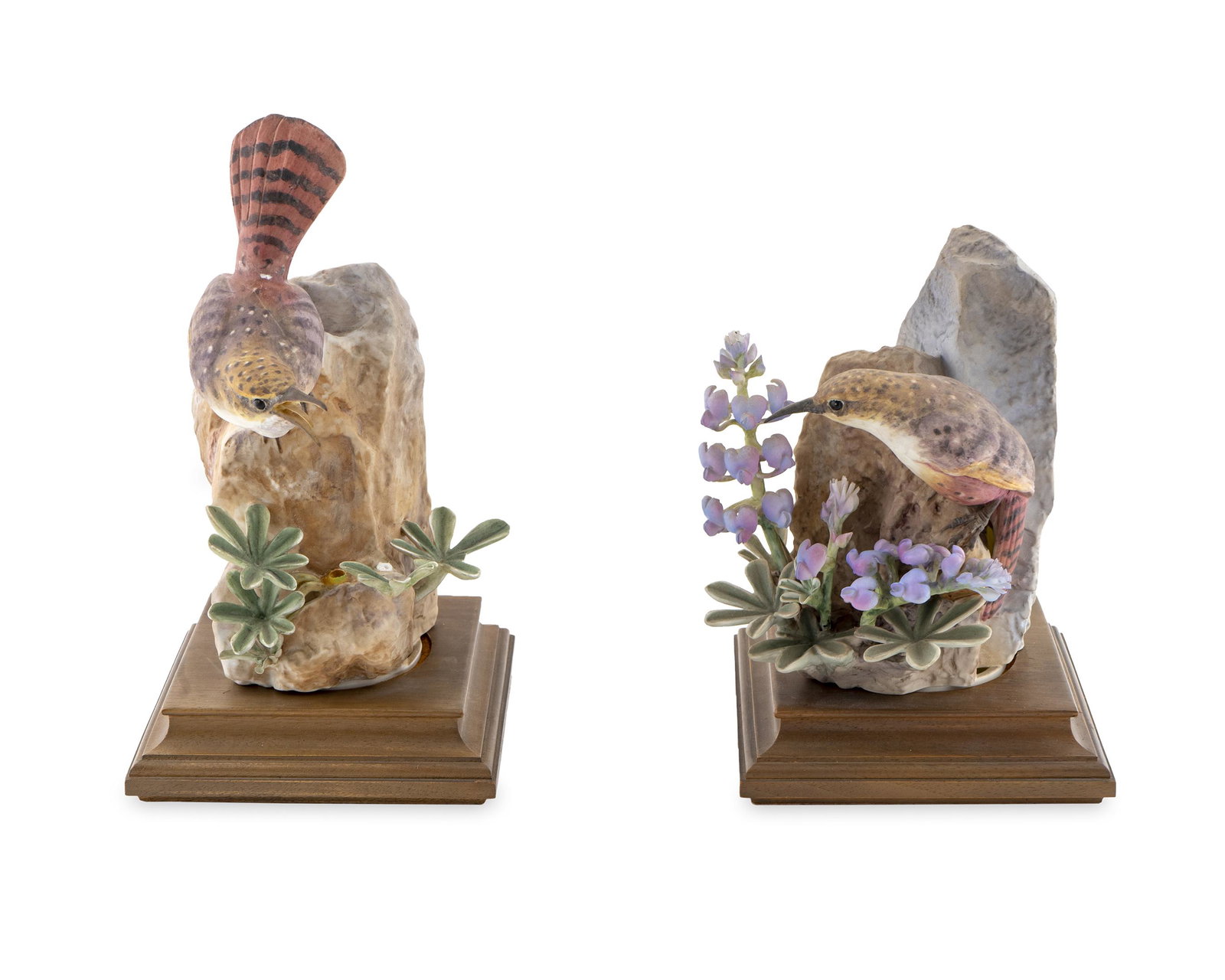 A Pair of Royal Worcester Porcelain Doughty Birds: A Pair of Royal Worcester Porcelain Doughty Birds 20TH CENTURY Canyon Wrens With Wild Lupin Height 7 1/2 inches.