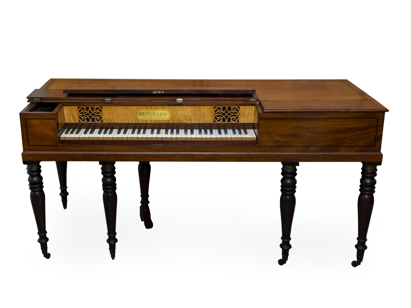 A Regency Mahogany Square Spinet/Pianoforte Height 33: A Regency Mahogany Square Spinet/Pianoforte By Thomas Preston, 71 Dean Street, London EARLY 19TH CENTURY Height 33 1/2 x width 65 3/4 x depth 25 1/2 inches.