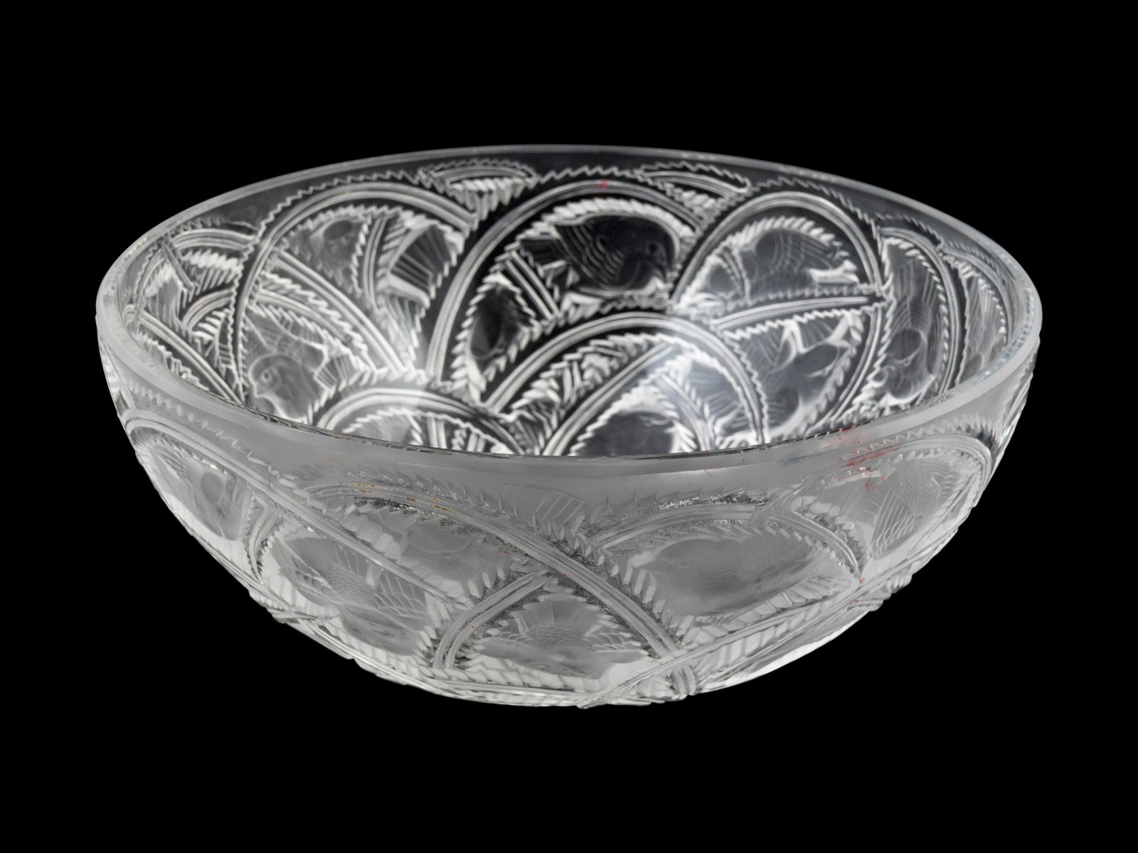 A Lalique Molded and Frosted Glass PinsonsBowl: A Lalique Molded and Frosted Glass PinsonsBowl Diameter 9 1/4 inches. Property from the Estate of Rawleigh & Mary Ann Warner, Hobe Sound, Florida