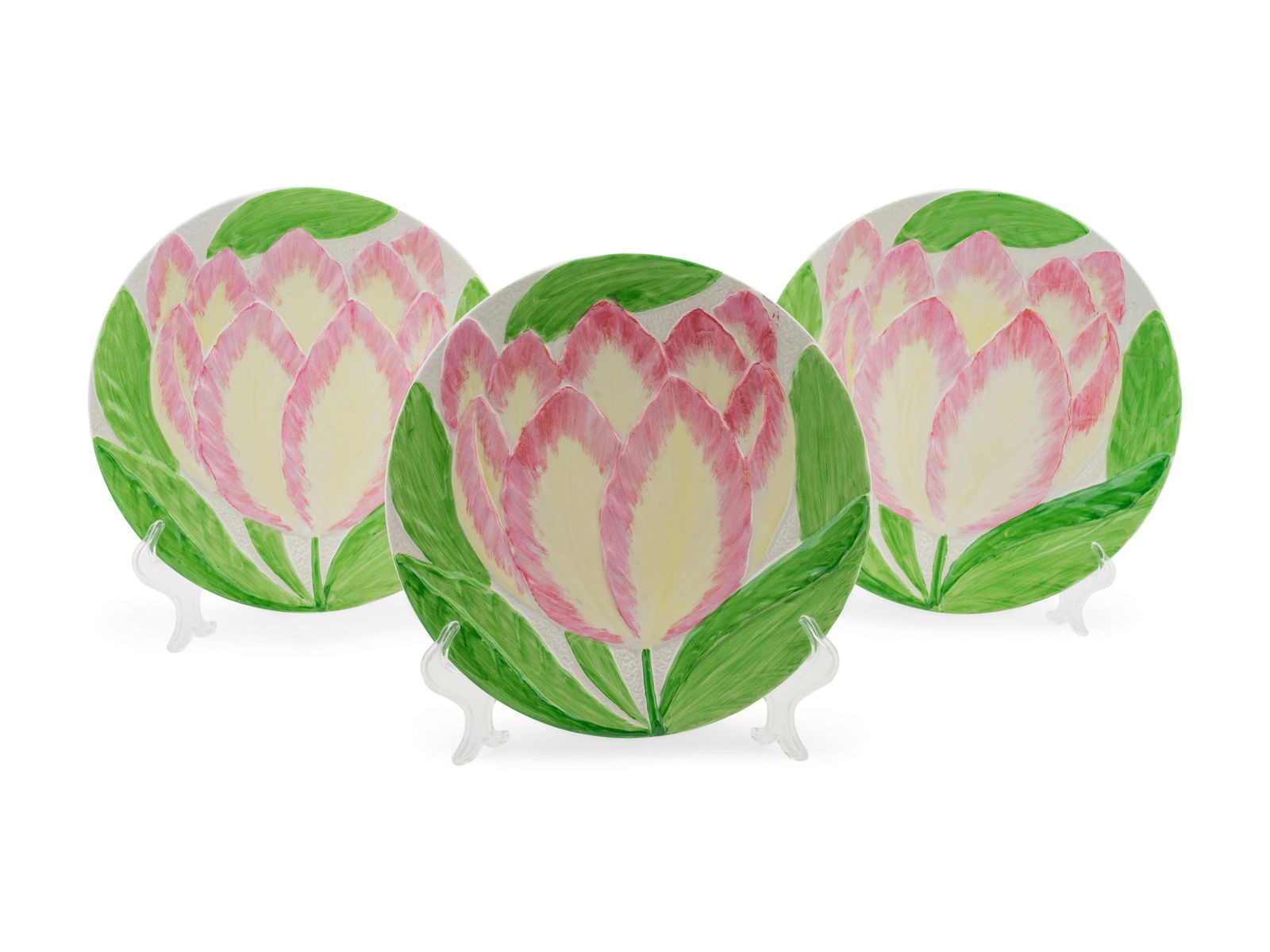 Fourteen Italian Ceramic Pink Tulip Decorated Plates (1 of 1)