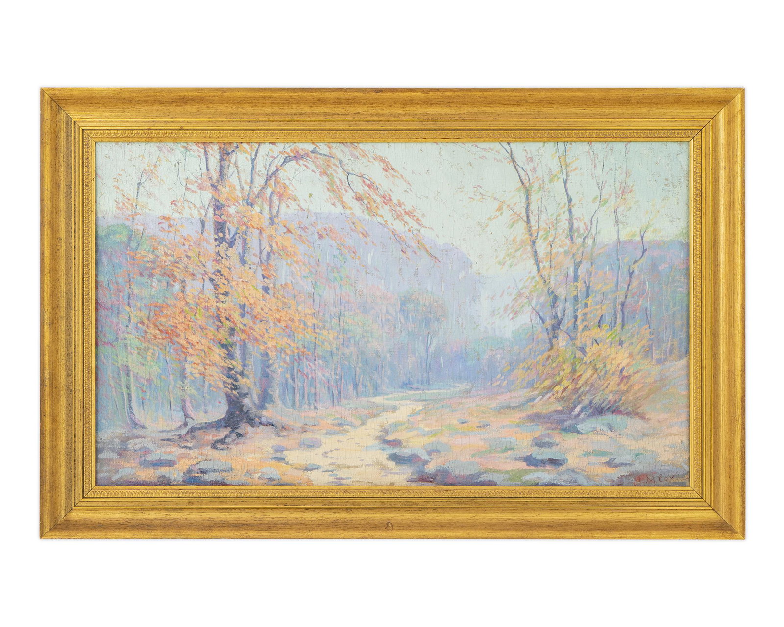 Lyda Morgan Cox (American, b. 1881) October Mist: Lyda Morgan Cox (American, b. 1881) October Mist oil on canvas mounted on board signed lower right L M Cox. 20 x 34 inches. Property from the Collection of Harry Peterson, Lantana, Florida Provenance:
