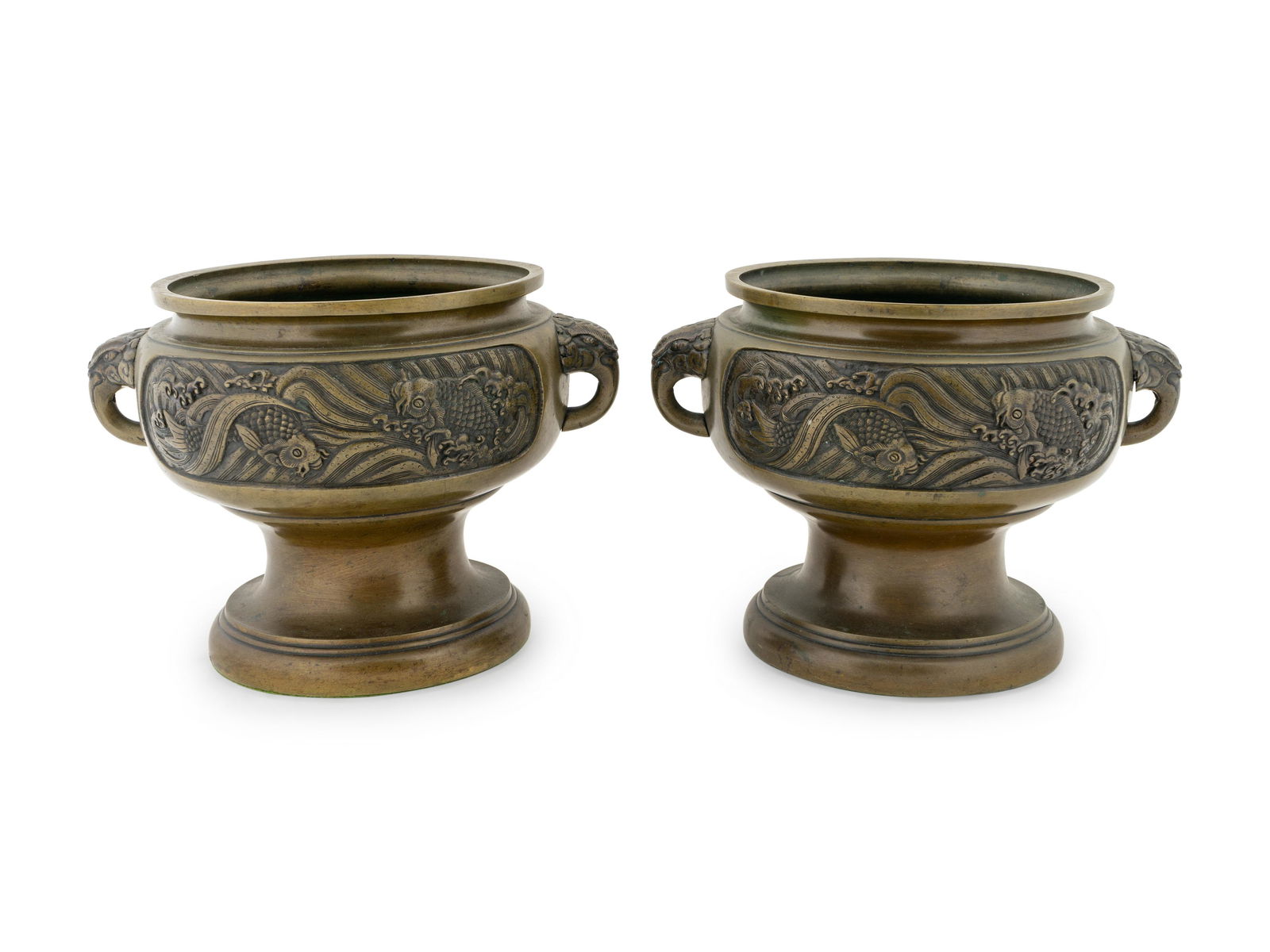 A Pair of Japanese Bronze Two-Handled Urns Height 8 x (1 of 2)