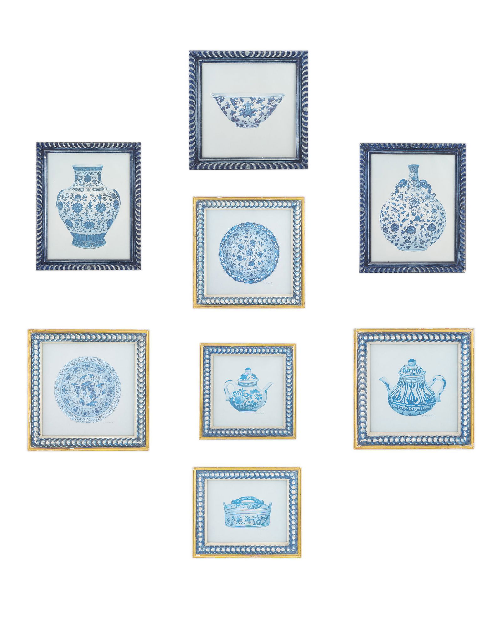 A Set of Eight Framed Works Depicting Chinese Blue and (1 of 1)