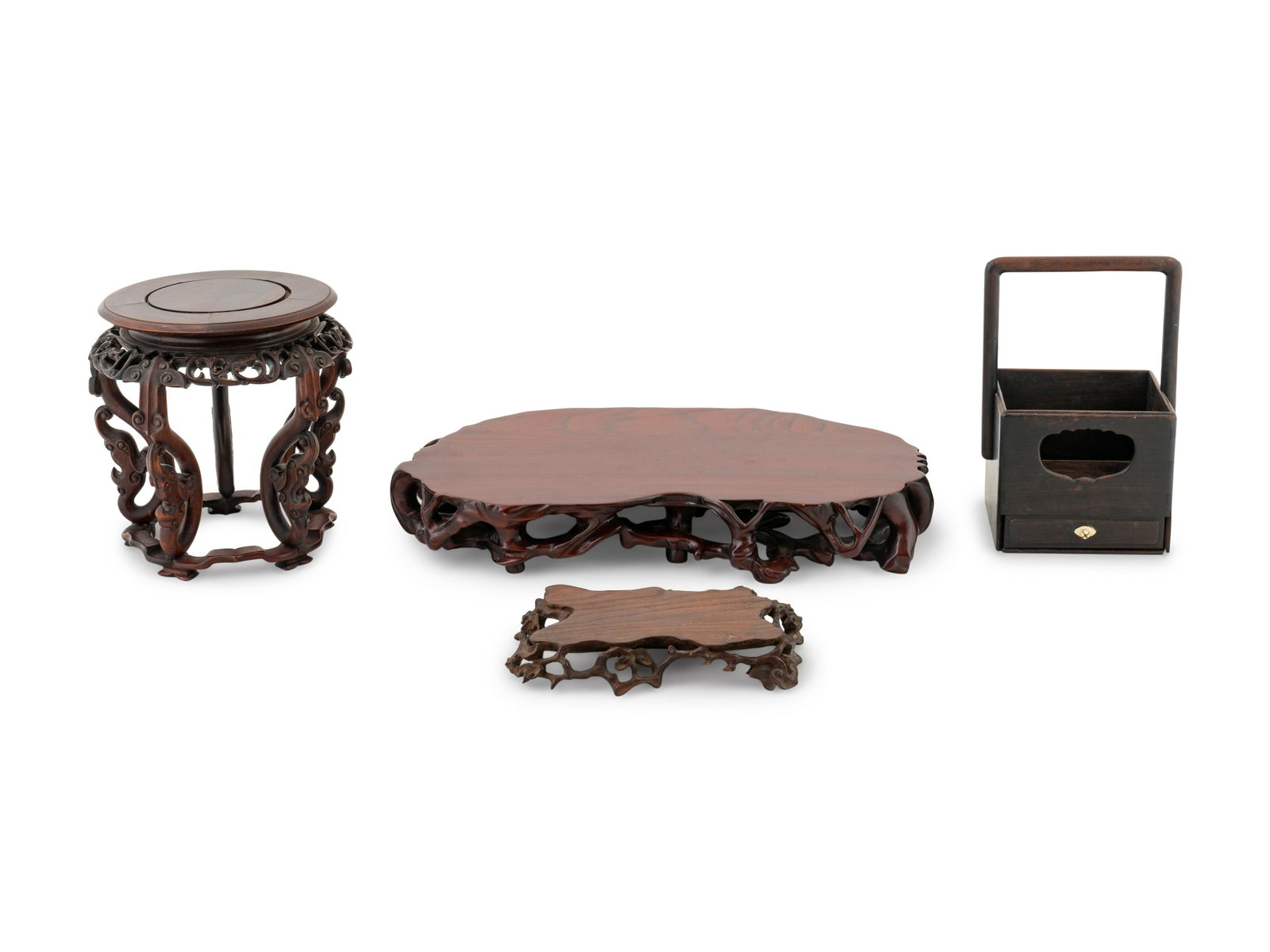 Three Chinese Stands Height of tallest, 9 inches.: Three Chinese Stands together with a scholars tray. Height of tallest, 9 inches.