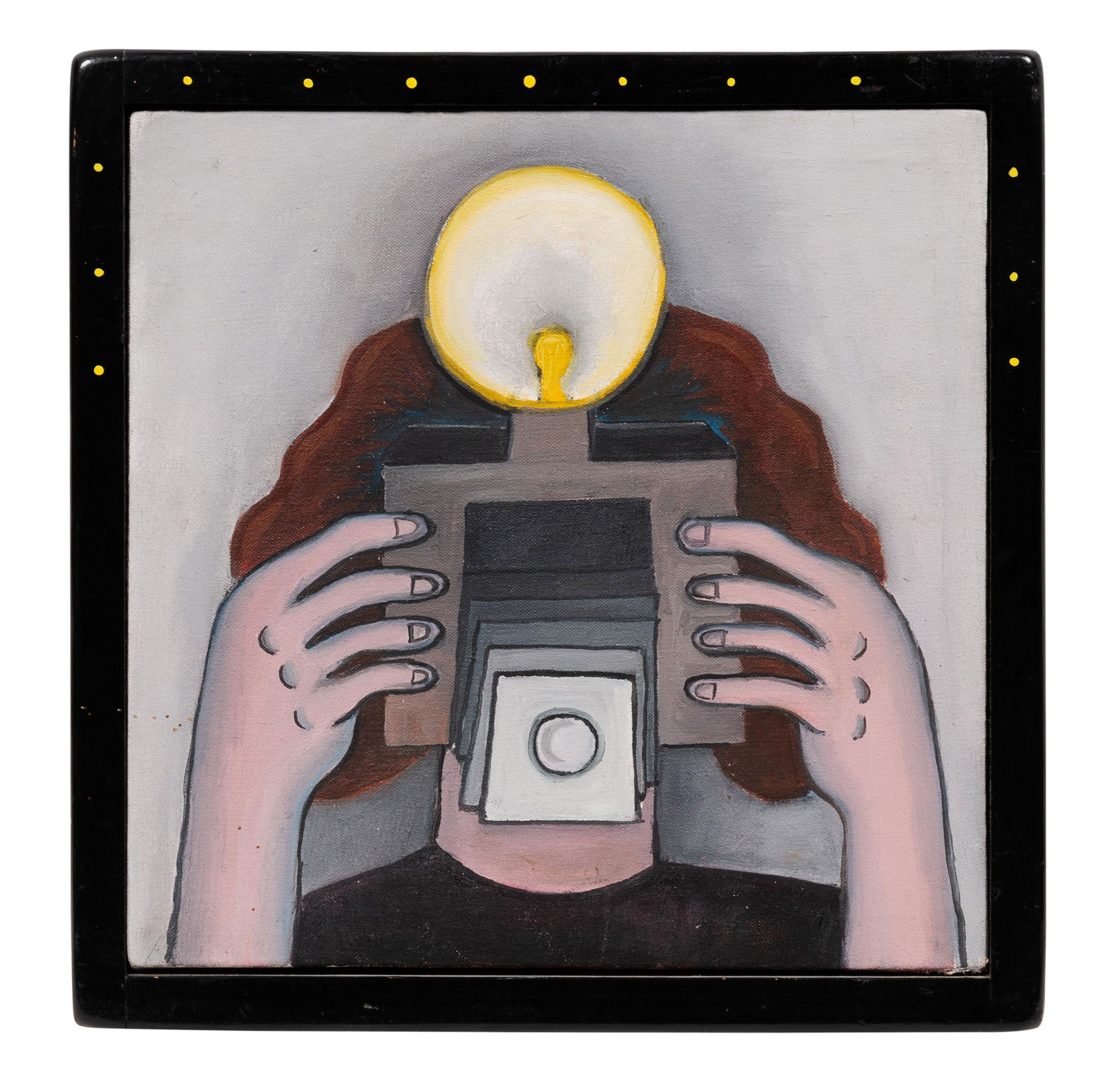 Philip Hanson (American, b. 1943) Untitled (Camera: Philip Hanson (American, b. 1943) Untitled (Camera Lady), c. 1968 oil on canvas signed Phil Hanson (verso) 13 3/4 x 13 3/4 inches. Property from the Collection of Suellen Rocca, Chicago, Illinois