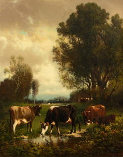 William M. Hart (American, 1823-1894) Grazing Cows,: William M. Hart (American, 1823-1894) Grazing Cows, 1879 oil on canvas signed Wm Hart and dated (lower right) 20 &#189; x 16 &#188; inches.