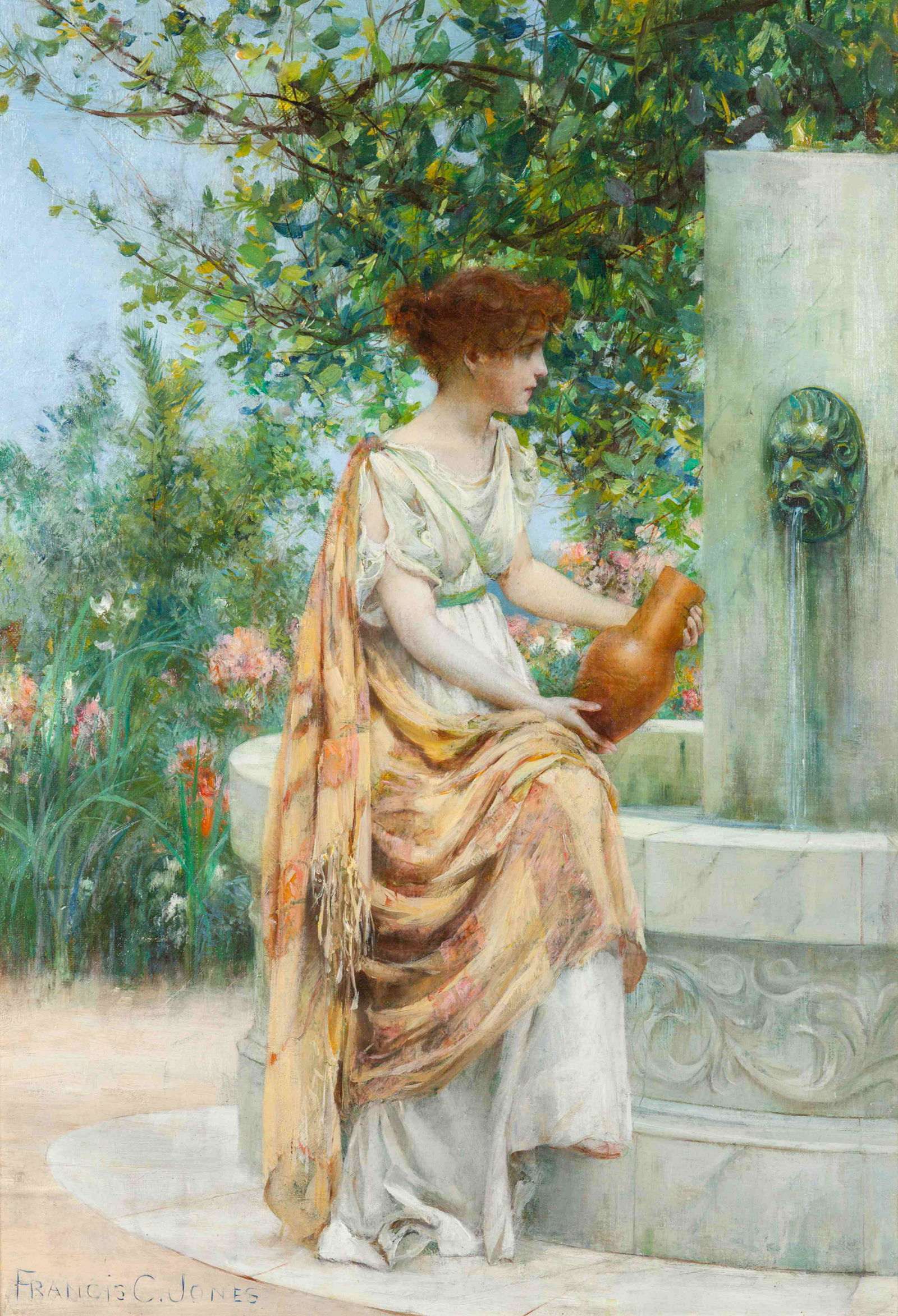 Francis Coates Jones (American, 1857-1932) The Water: Francis Coates Jones (American, 1857-1932) The Water Carrier oil on canvas signed Francis C. Jones (lower left) 20 x 14 inches. Provenance: Sold: Sotheby's, New York, April 12, 1991, lot 56 Bakker Auc