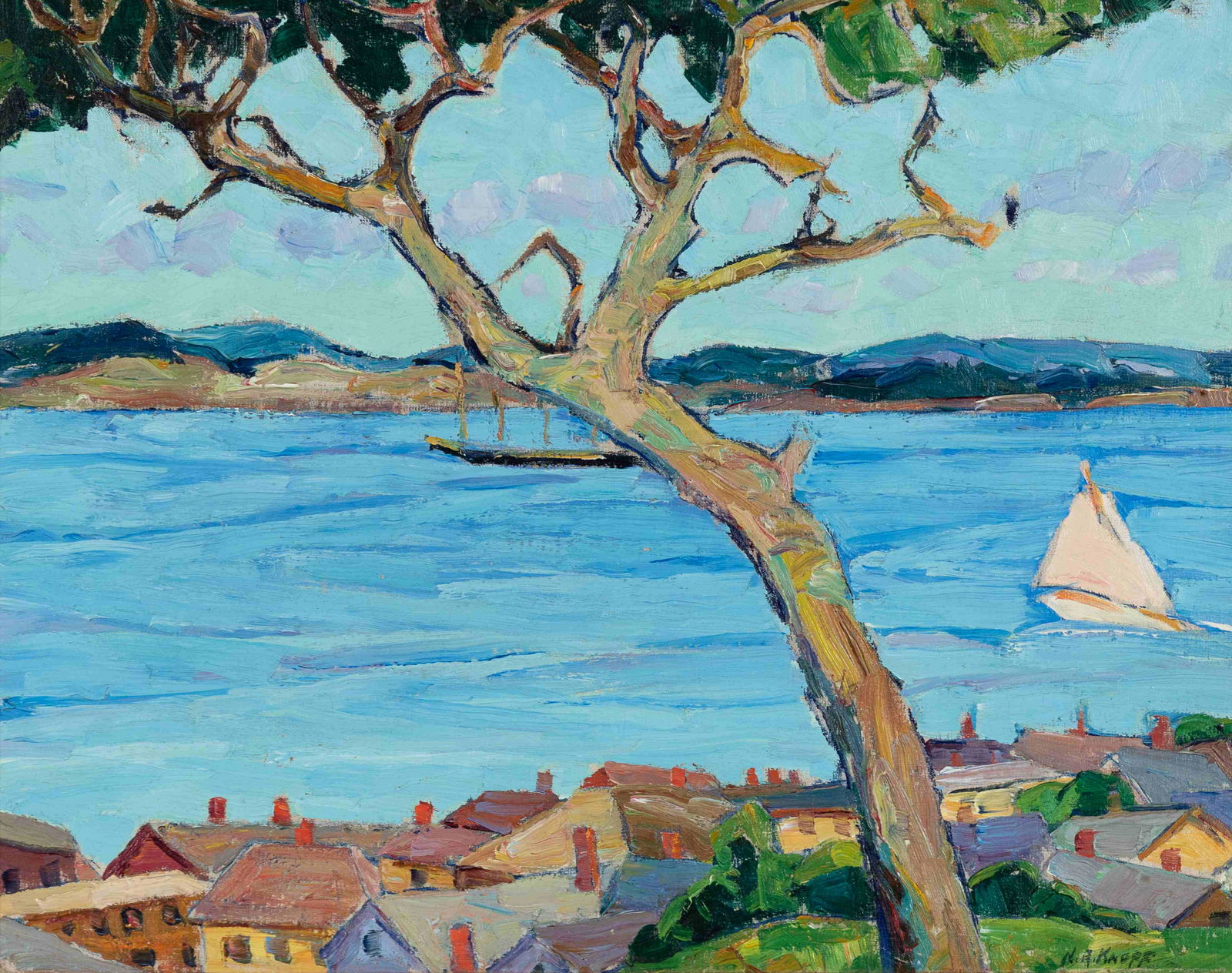 Nellie Augusta Knopf (American, 1875-1962) Harbor on: Nellie Augusta Knopf (American, 1875-1962) Harbor on Passamaquoddy Bay, Eastport, Maine oil on canvas signed N.A. Knopf (lower right) 16 x 20 inches. Provenance: Doris May Donated by the above to MacM