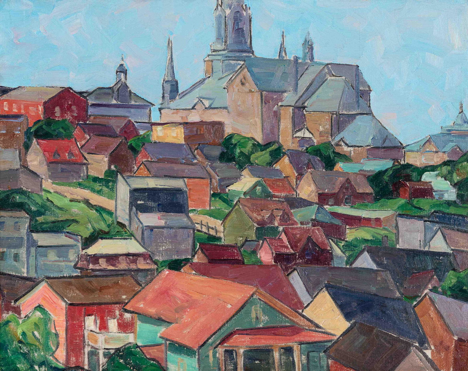 Nellie Augusta Knopf (American, 1875-1962) The Church: Nellie Augusta Knopf (American, 1875-1962) The Church and The Town, Riviere du Loup - Canada oil on canvas board signed Nellie A. Knopf and titled (verso) 16 x 19 ¾ inches. Property from the Coll