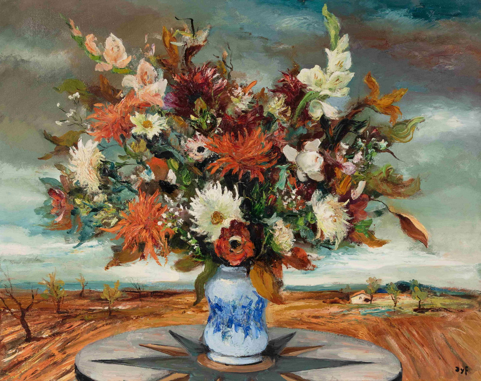 Marcel Dyf (French, 1899-1985) Dahlias, 1956: Marcel Dyf (French, 1899-1985) Dahlias, 1956 oil on canvas signed Dyf (lower right); signed, titled, and dated (verso) 29 x 36 inches. This lot is recorded in the Marcel Dyf e-catalogue raisonne as nu