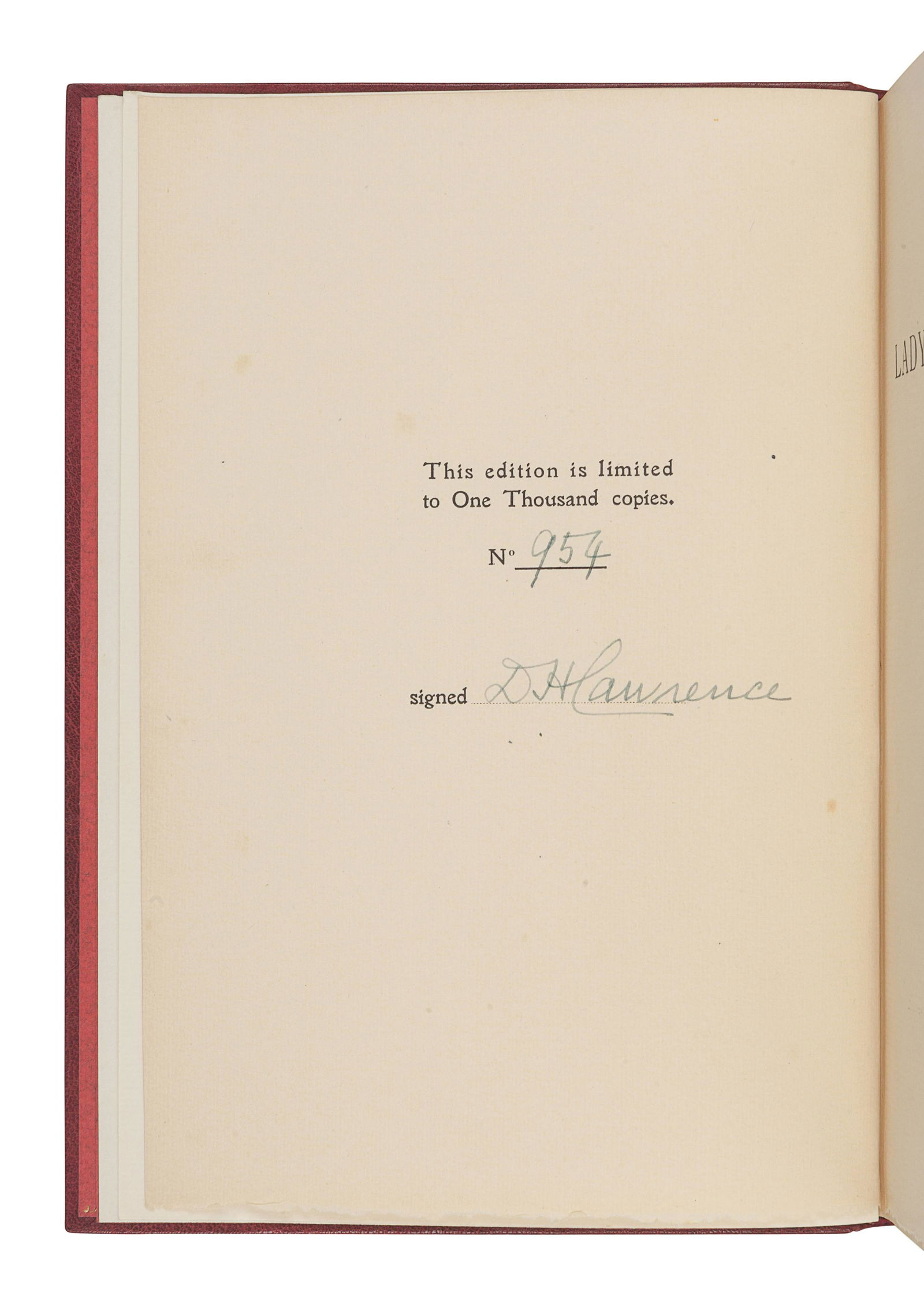 LAWRENCE, David Herbert (1885-1930). Lady Chatterley's: LAWRENCE, David Herbert (1885-1930). Lady Chatterley's Lover. Florence: Privately Printed by the Tipografia Giuntina, 1928. 8vo. Rebound in modern gilt-ruled red morocco, by Studio Ars Libri (sp