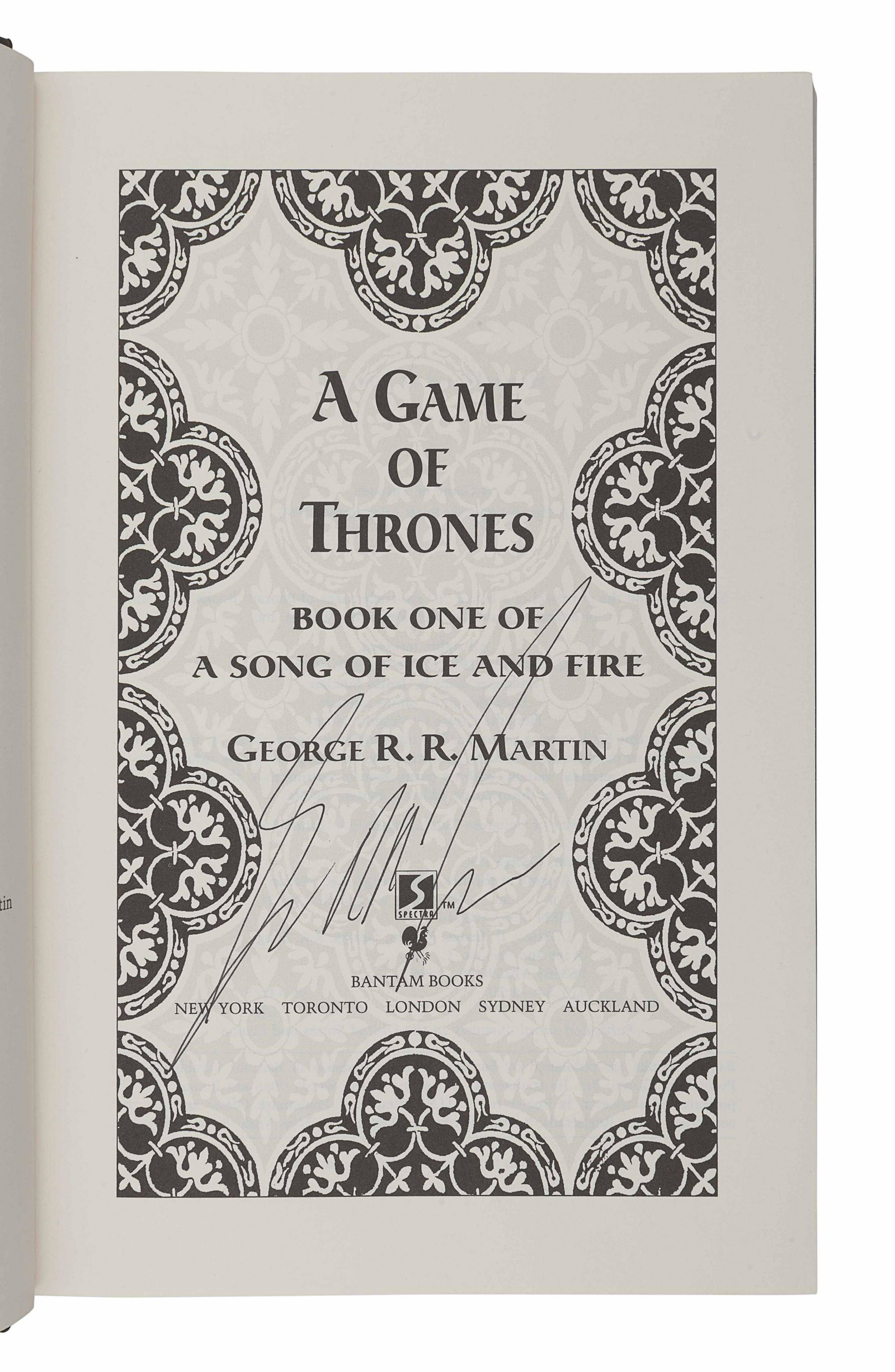 MARTIN, George R. R. (b. 1948). A Game of Thrones. New: MARTIN, George R. R. (b. 1948). A Game of Thrones. New York: Spectra, Bantam Books, 1996. 8vo. Original publisher's black cloth-backed boards; dust jacket. FIRST AMERICAN EDITION of t