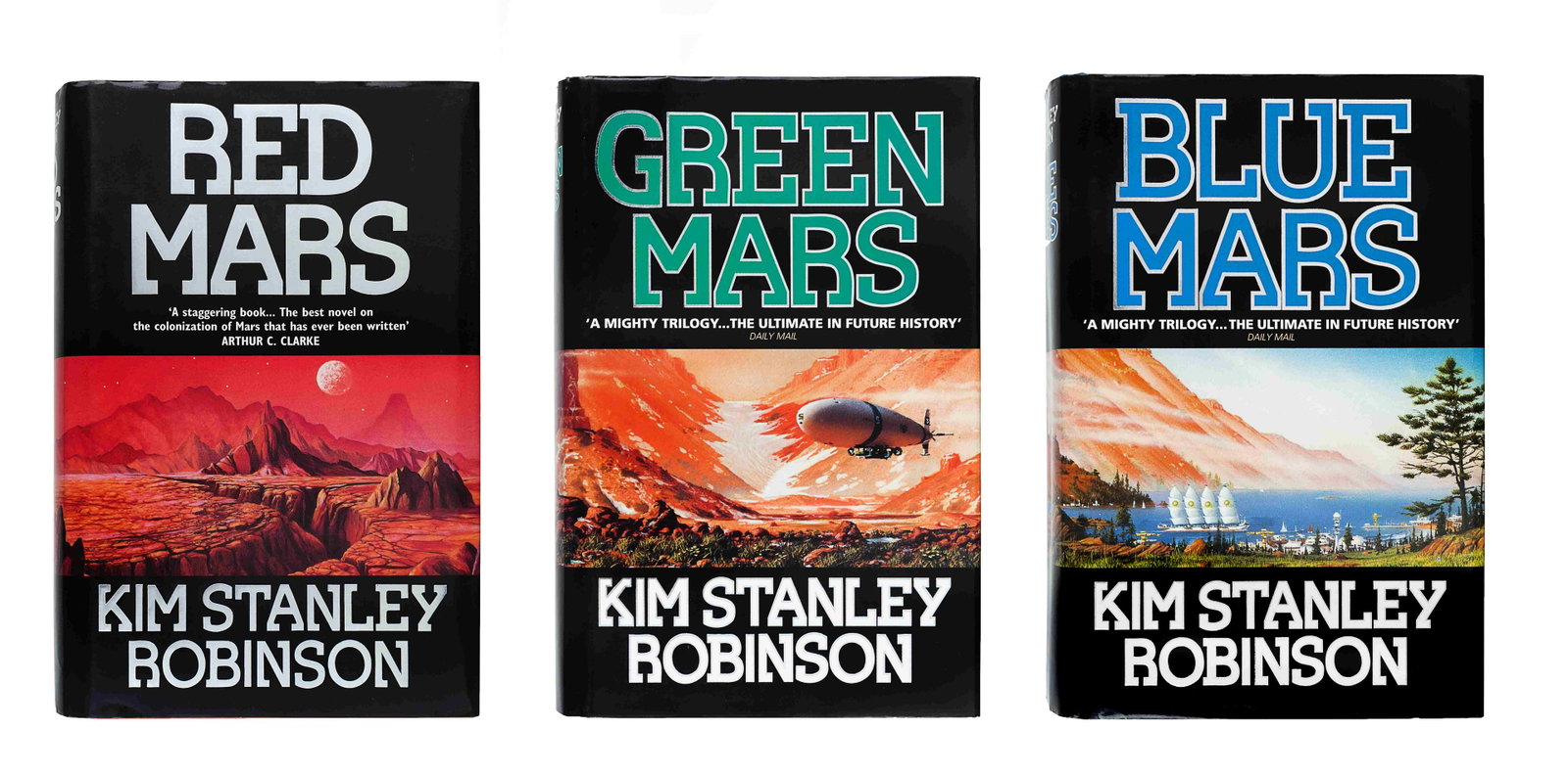 STANLEY ROBINSON, Kim. [Mars Trilogy:] Red Mars. -: STANLEY ROBINSON, Kim. [Mars Trilogy:] Red Mars. - Green Mars. - Blue Mars. London: HarperCollins, 1992, 1993, 1996. 3 volumes, 8vo. Original red, black and blue cloth; publisher's pictorial dus
