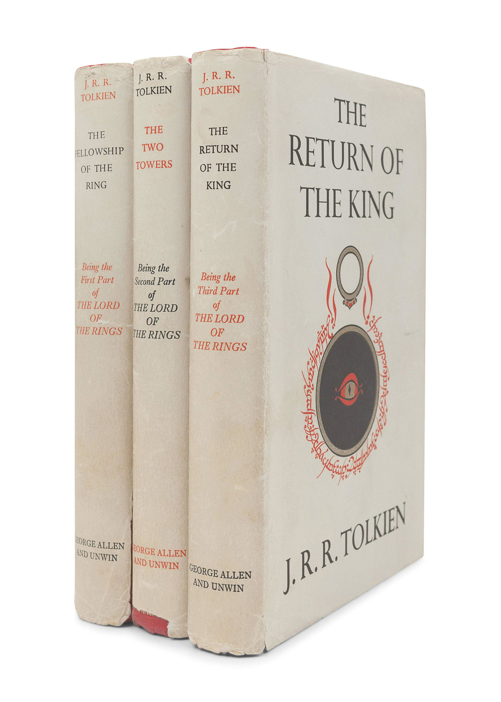 TOLKIEN, John Ronald Reuel (1892-1973). [The Lord of: TOLKIEN, John Ronald Reuel (1892-1973). [The Lord of the Rings trilogy:] The Fellowship of the Ring. 1954. -- The Two Towers. 1954. -- The Return of the King. 1955. All London: Allen & Unwin Ltd. Toge