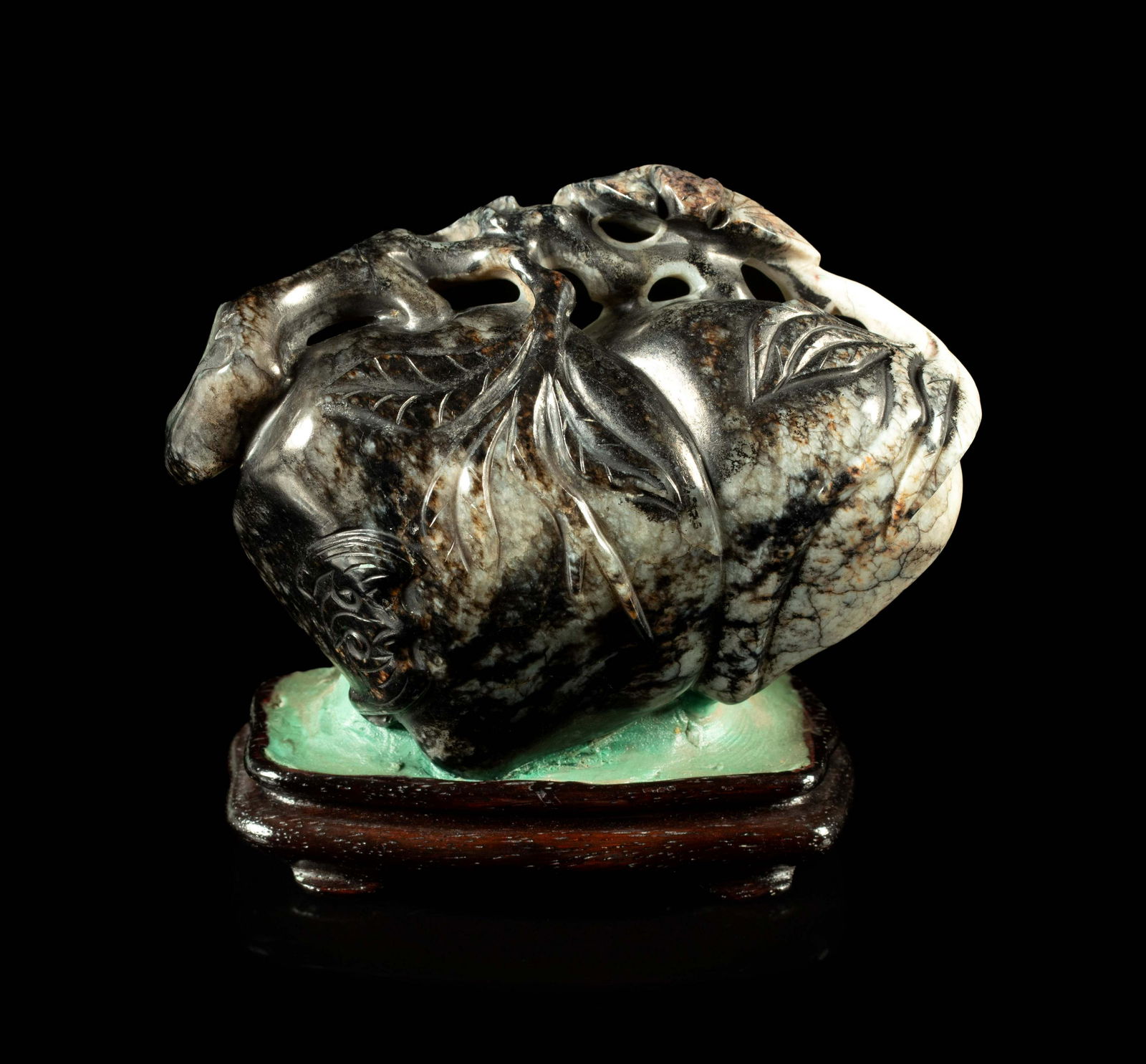A Black and Grey Jade 'Bat and Peaches' Carving (1 of 2)