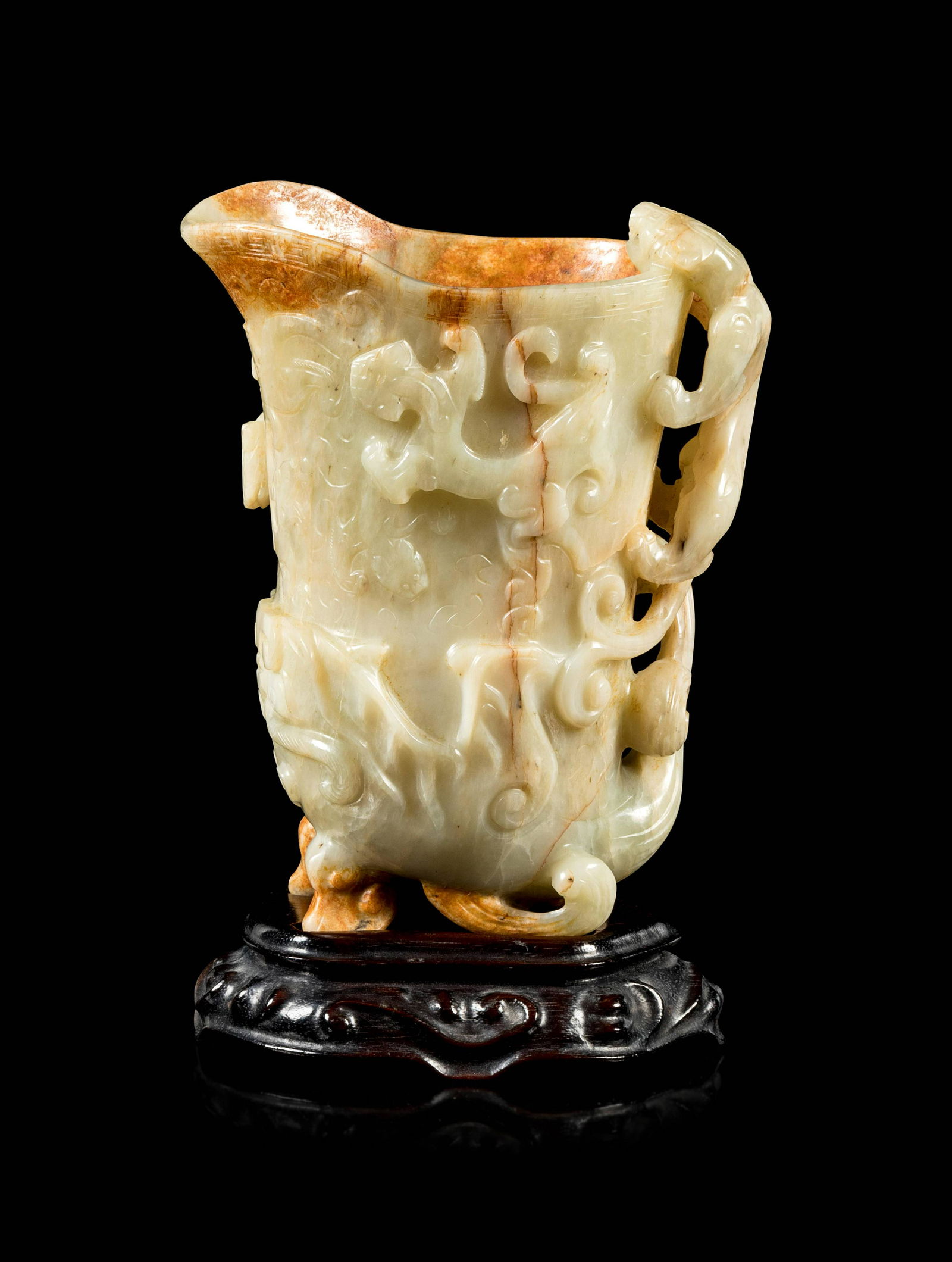 A Russet and Pale Celadon Jade 'Chilong' Rhyton Cup (1 of 4)