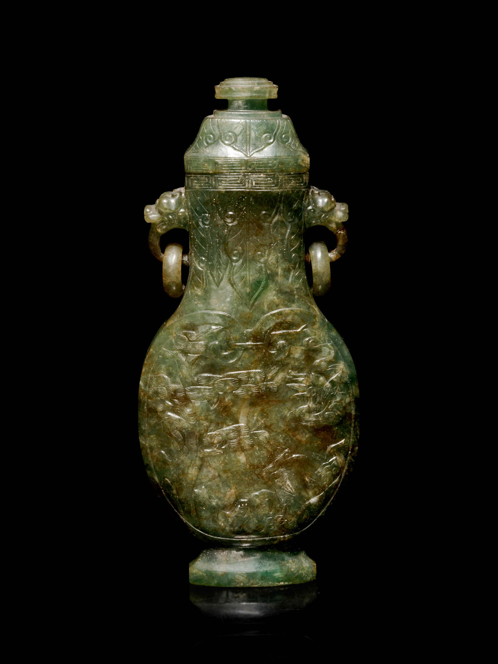 A Carved Spinach Green Jade Ring-Handled Vase and Cover (1 of 3)