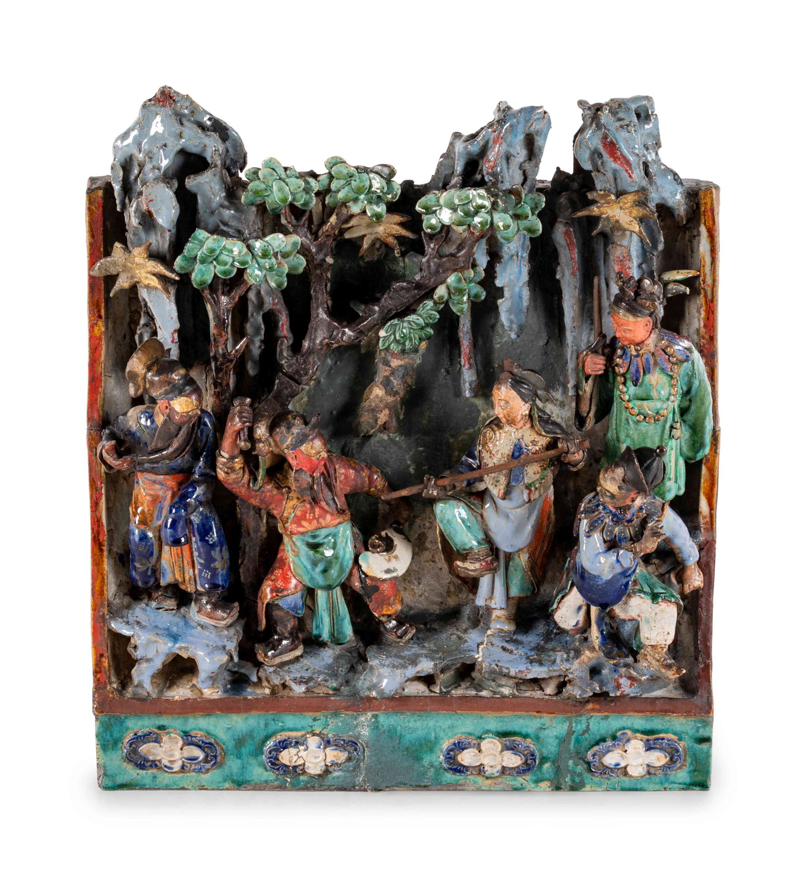 A Large Polychrome Enameled Tileworks Architectural: A Large Polychrome Enameled Tileworks Architectural Plaque QING DYNASTY (1644-1912) 清 彩繪人物磚雕 carved in high relief showing five Peking Opera players un