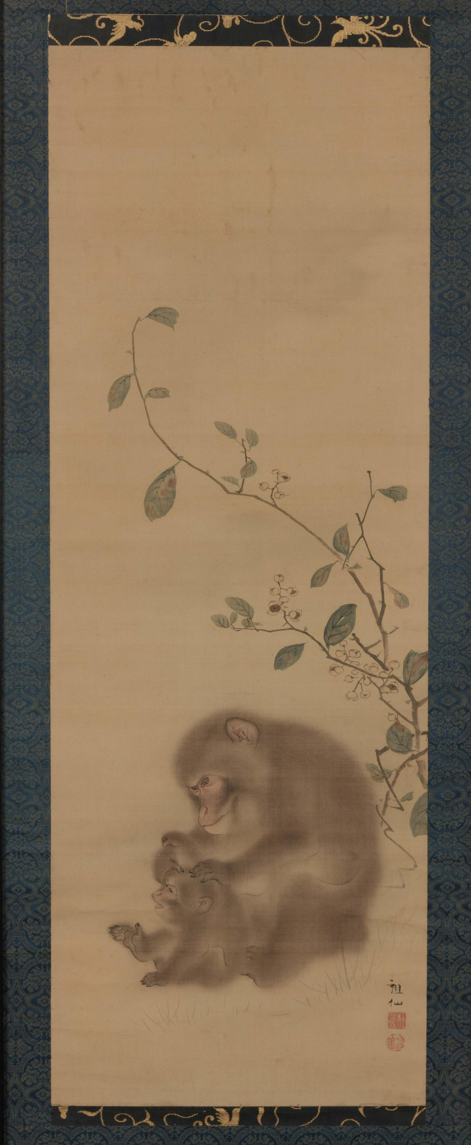 Attributed to Mori Sosen: Attributed to Mori Sosen Two Monkeys ink and color on silk, framed signed Sosen, two artist's seals Height of image 41 3/4 x 15 in., 106 x 38.1 cm Property from the Estate of WM Bogdanowicz, Madison, 