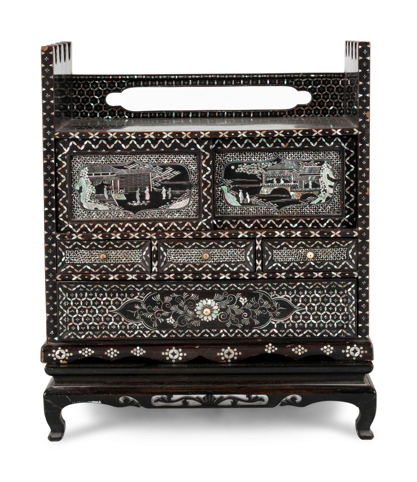 A Korean Black Lacquered and Mother-of-Pearl Inlaid: A Korean Black Lacquered and Mother-of-Pearl Inlaid 'Najeon Chilgi' Table Cabinet together with an associated hardwood stand. Height overall 22 1/2 x width 18 1/4 x 10 in., x 57 x 47 x 20.5 cm. Proper