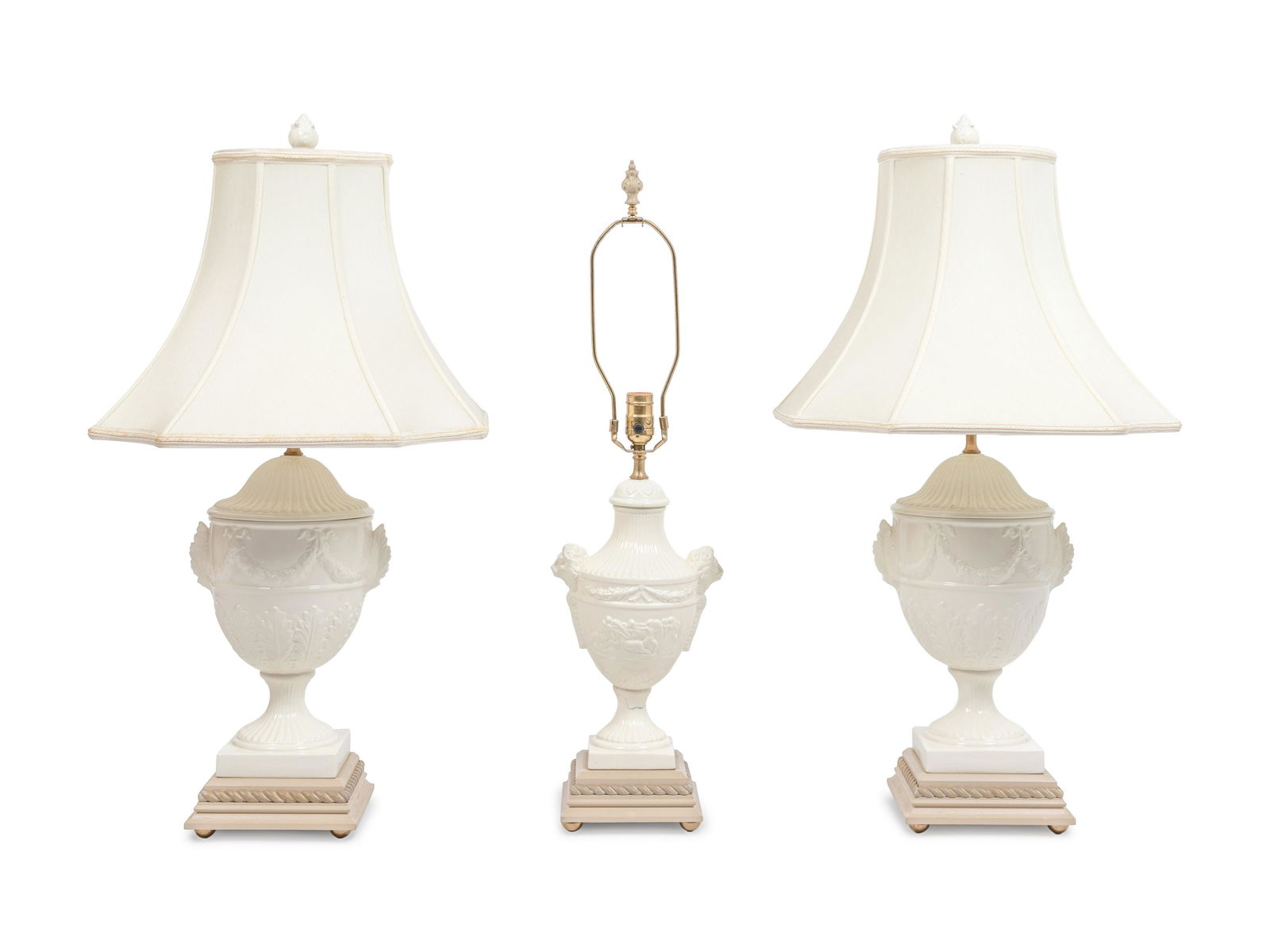 Three Regency Style White Glazed Stoneware Urns Mounted (1 of 4)