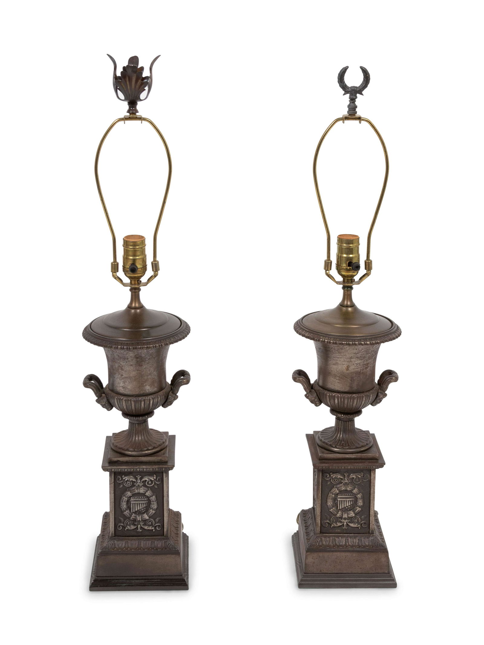 A Pair of Cast Iron Urns Mounted as Lamps Height 15 1/2 (1 of 2)