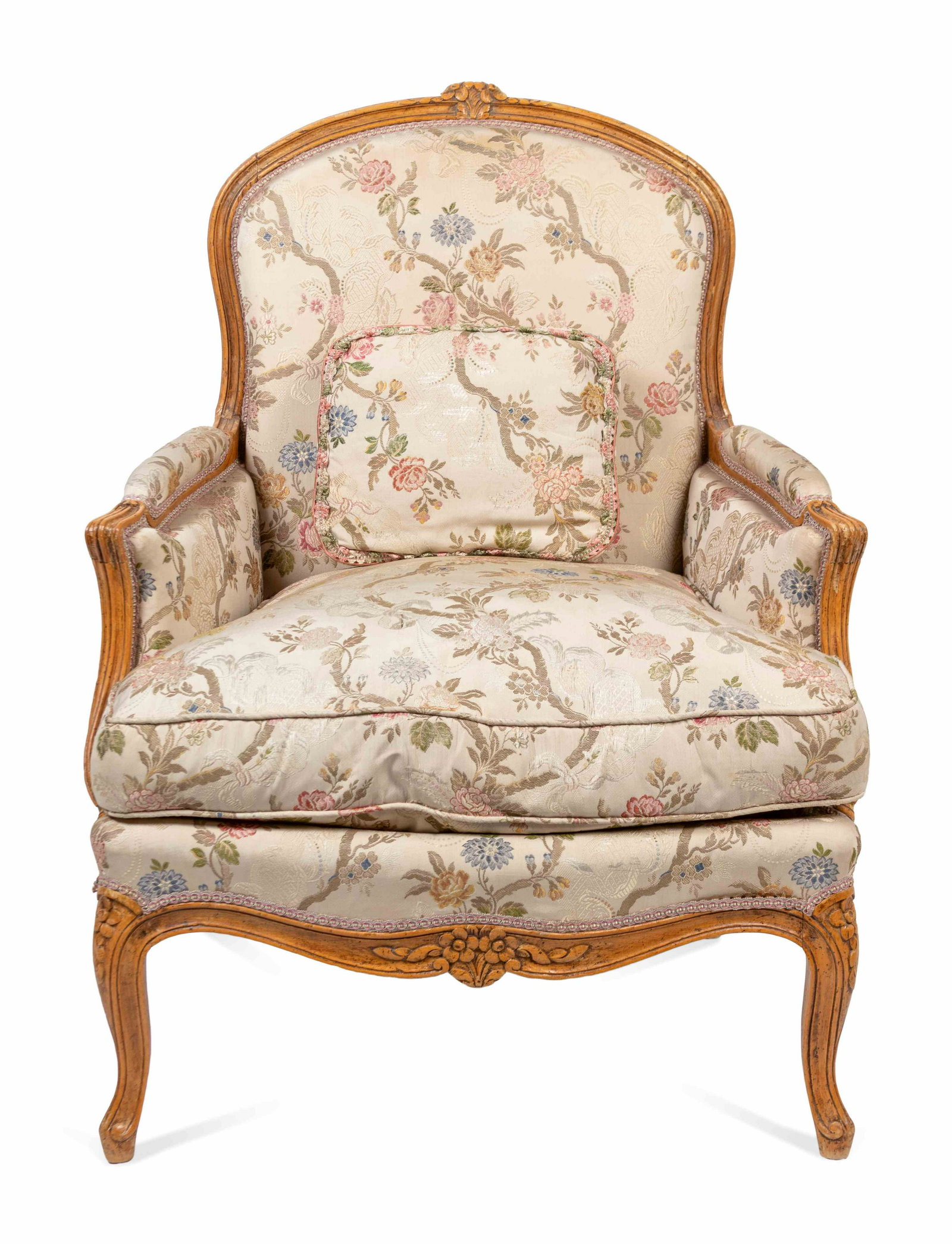A Louis XV Style Bergere a la Reine Height 38 x width: A Louis XV Style Bergere a la Reine 20th Century with matching cushion Height 38 x width 32 x depth 30 inches. Property from the Estate of Sally Gatling Tomlinson, Atlanta, Georgia
