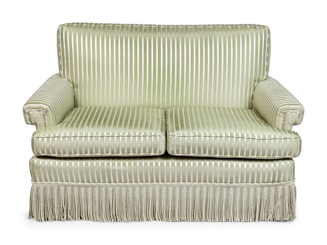 A Striped Silk Upholstered Two-Seat Sofa Height 34 x (1 of 4)